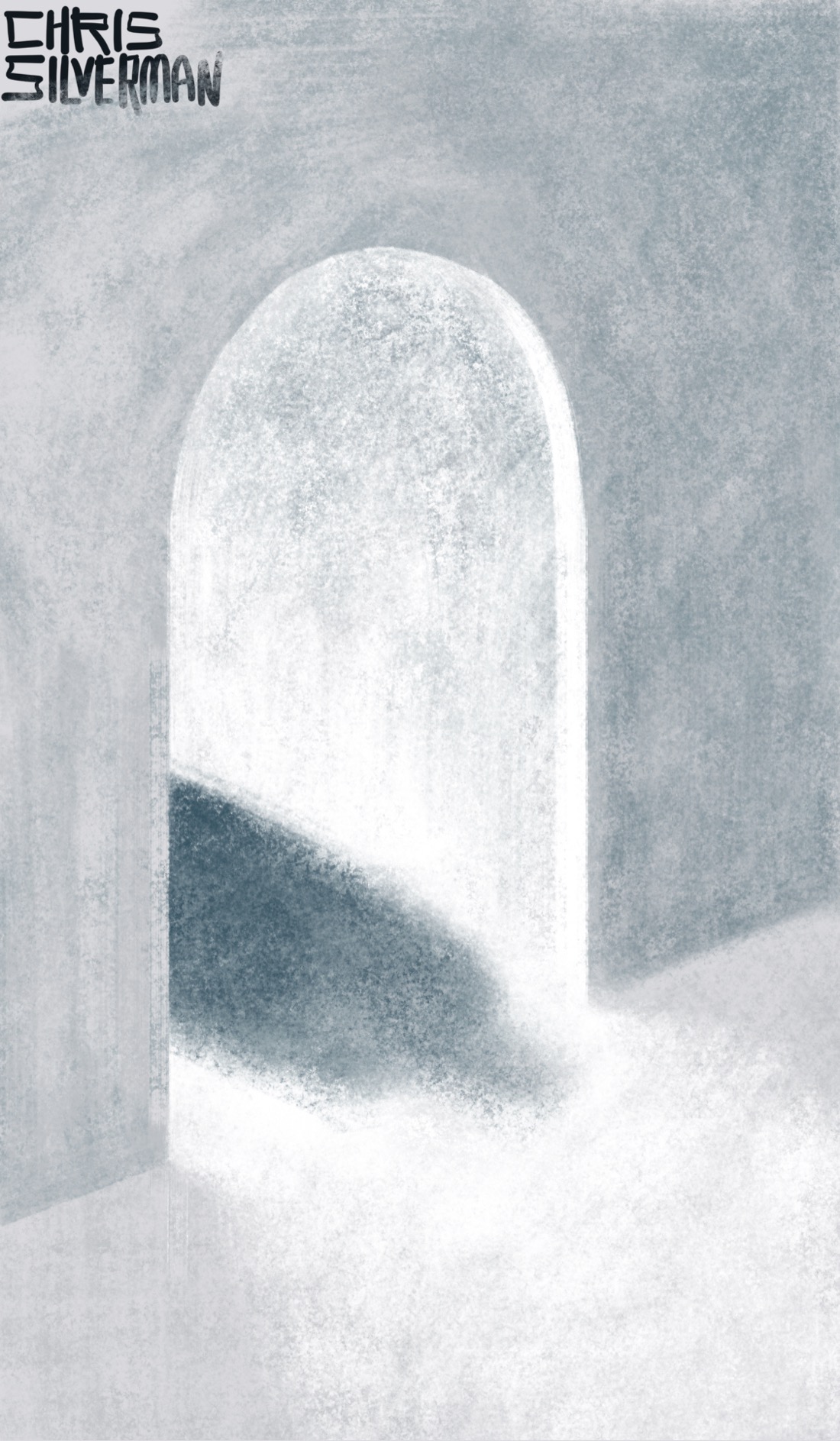 An arched doorway, leading from one white room to another white room. A dark shadow falls across the light streaming in through the doorway. The figure casting the shadow is not visible, but it's close by. Illegitimi non carborundorum.