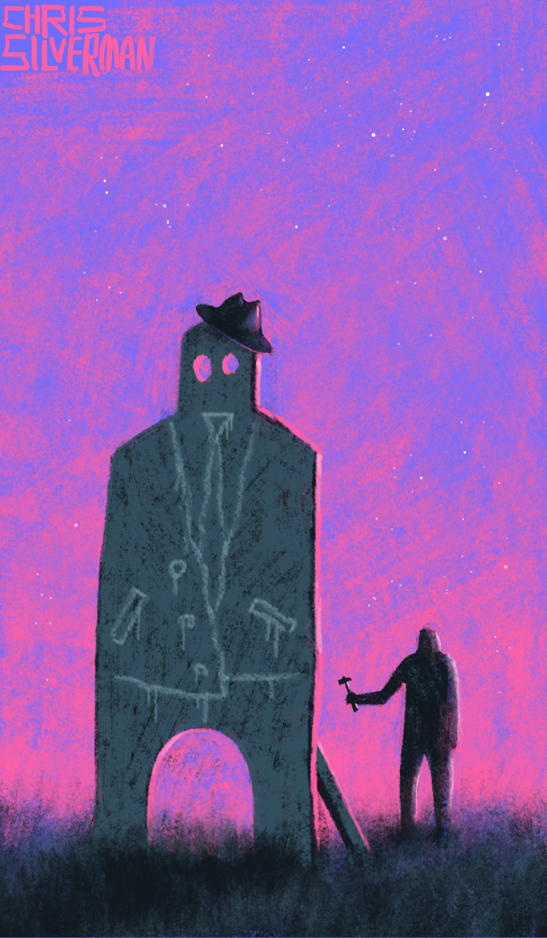 A scene at dusk or dawn: a purple sky that still has stars, with pink clouds on the horizon. Standing in the foreground is a crude, gray, roughly humanoid-shaped wooden cutout, propped up by a clearly visible board. Spray-painted on the front in white paint is a clumsy approximation of a suit and tie. Two irregularly cut eyeholes are the closest thing it has to a face. Someone has placed a black fedora on its head. Standing behind it is a dark silhouette of a much smaller person, approximately a third the height of the cutout. The person is holding a hammer and seems to be the one who has created this in the first place.