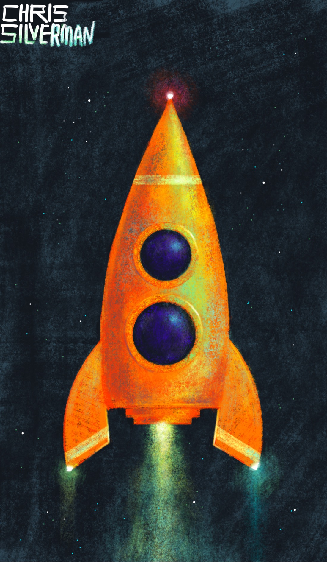 A small, orange, bullet-shaped rocket ship with two orange fins at the lower end and two round, bluish portals on its side. There is a yellow stripe across each fin, and another yellow stripe across the tip of the rocket. The tip of the rocket also has a glowing red light, with a green light on the left fin and a bluish light on the right fin. The ship is streaking upwards through black, starry space, leaving a trail of glowing greenish fire.