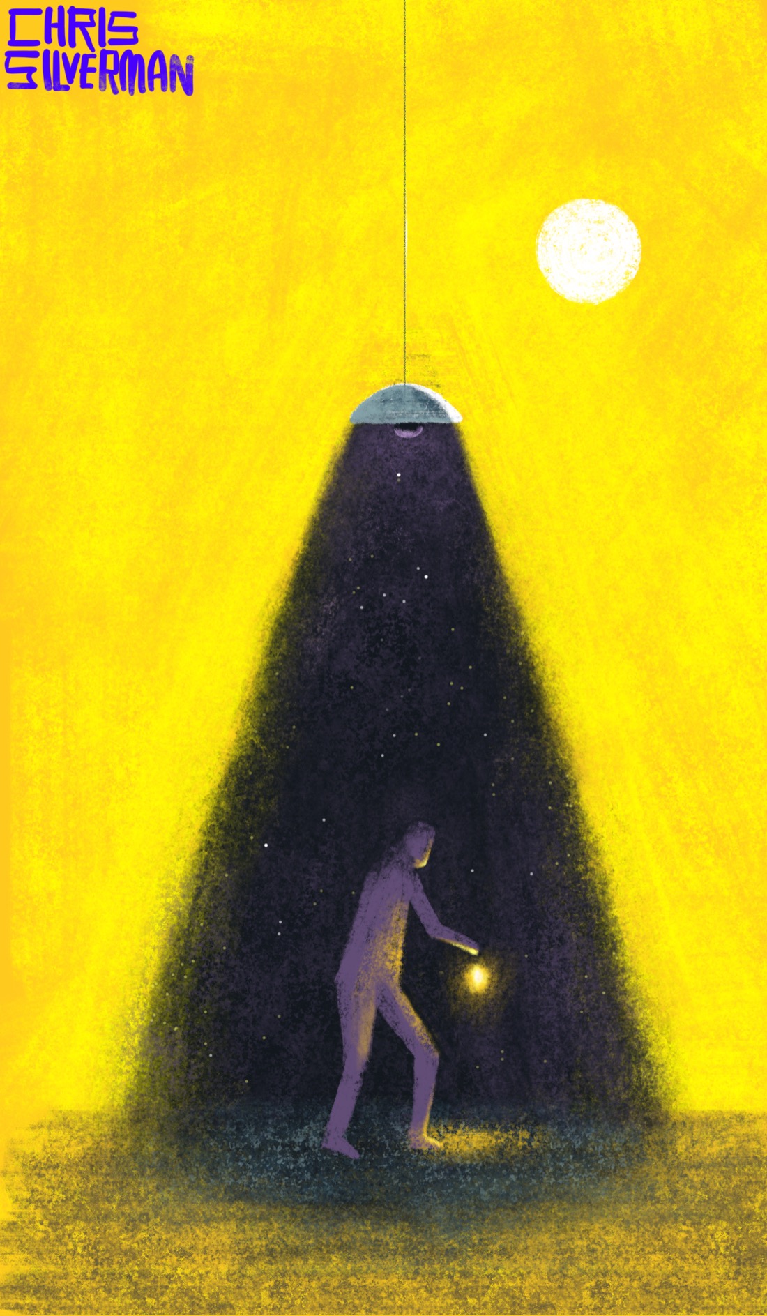 A bright yellow sky. In the top right of the sky is a round white sun. Hanging from the top of the sky is a light with a gray, metal, hemispherical shade, like the sort of light you'd find hanging from a ceiling. The light is casting a cone of darkness. Standing under the cone is a dark purple figure holding a lantern. The lantern casts a warm, yellow glow in the darkness of the anti-light coming from above. Stars are visible in the darkness, as though the lamp isn't just casting darkness, but night.