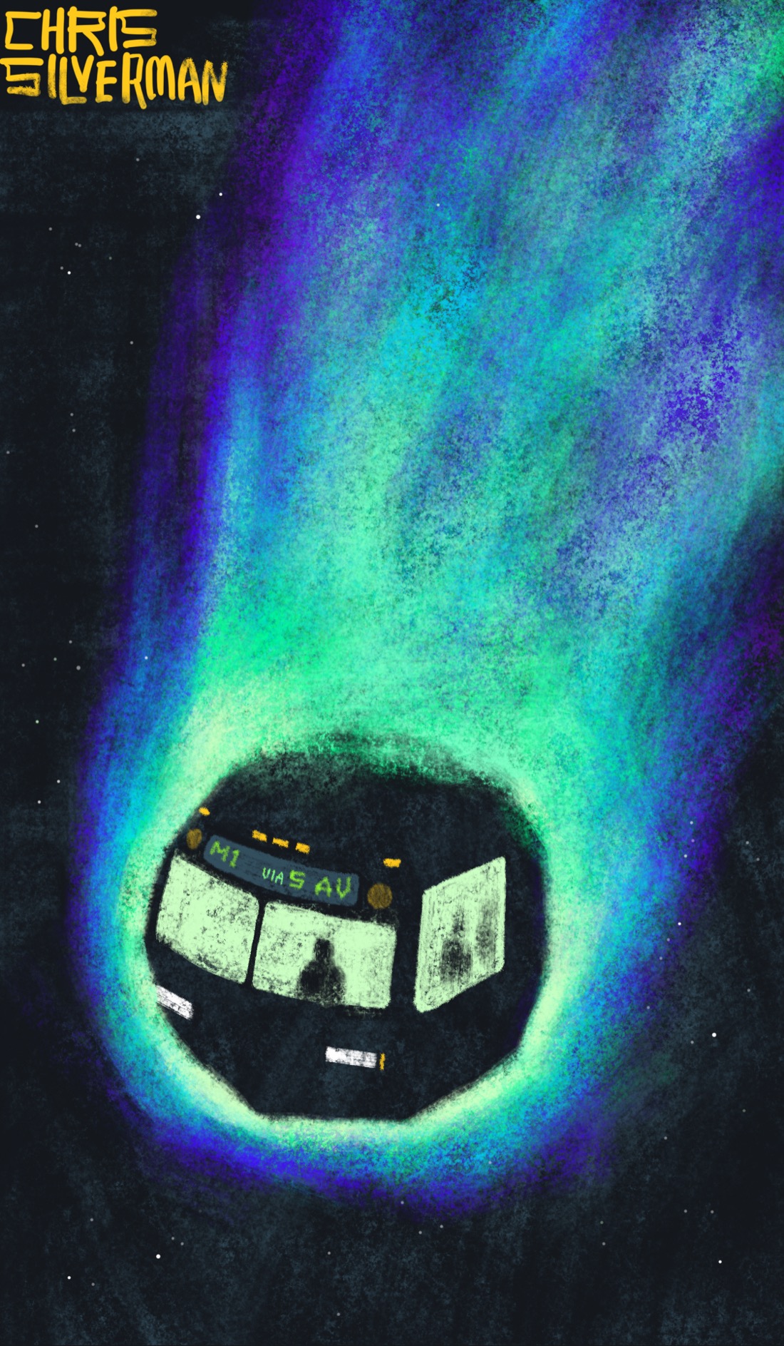 An object streaks through space, wrapped in greenish-blue fire. The object is vaguely spherical and looks like a space rock with the tail of a comet. However, it also looks like the front of a bus: green windows, orange running lights, white headlights, people visible inside, and a sign above the windshield with green letters that read "M1 via 5 Av". Stars are visible in the black sky.