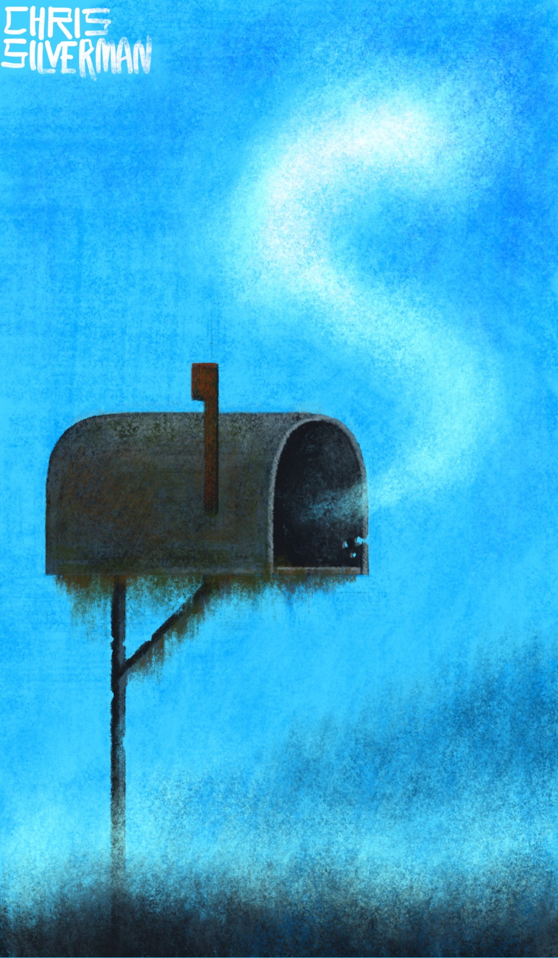 A rusty, dilapidated metal mailbox on a decrepit-looking post. The flag is up. The surrounding environment is the dull blue of late evening or early morning. A low fog covers the weedy ground; a blurry treeline is visible in the background. The mailbox has moss hanging from the underside. Wherever this is, it's been a long while since anyone's put a letter in it. That doesn't mean it's empty, though; a hazy, ghostlike blur is drifting from the mailbox's door-less opening. Nature—or however we define the wild expanse of the non-human universe—abhors an empty mailbox.