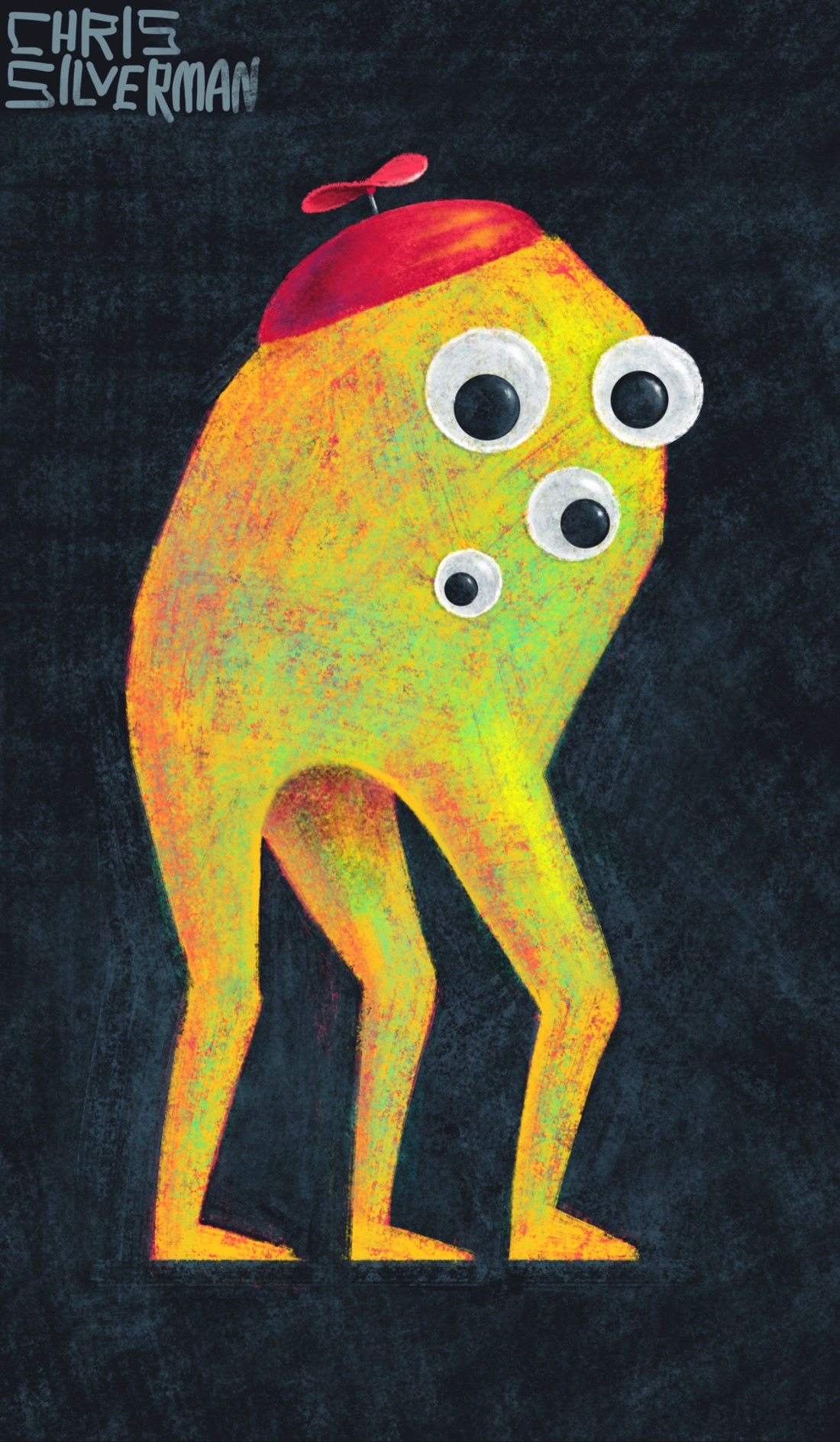 A yellow creature with three legs, no arms, and a bright red beanie with a red propeller on it. The creature's face is a collection of four googly eyes affixed to its body. It is standing against a dark gray background.