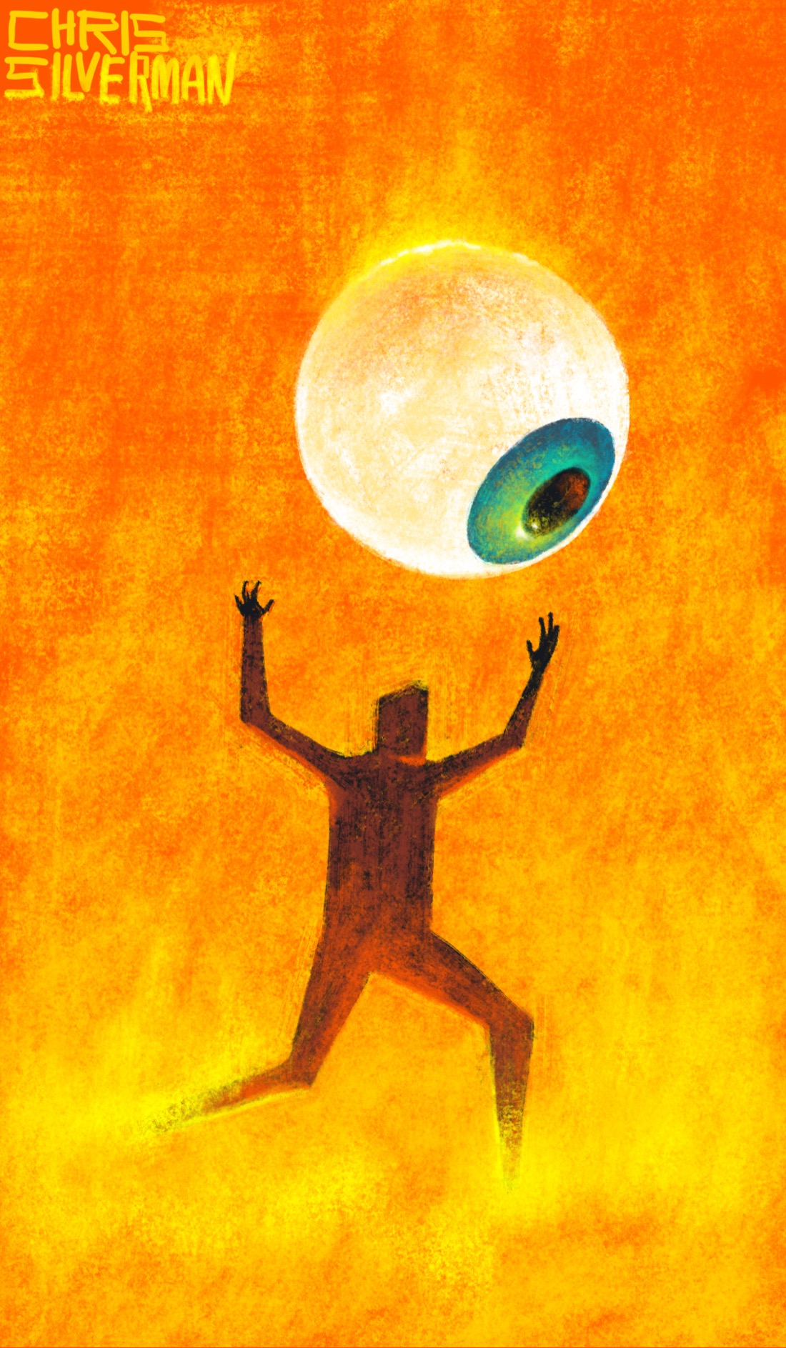 A person runs through what appears to be a blazing red-orange inferno, arms above their head, juggling a gigantic eyeball. The eyeball has an iridescent blue-green iris, oriented down, and appears to be slightly on fire itself. This is, of course, fine.