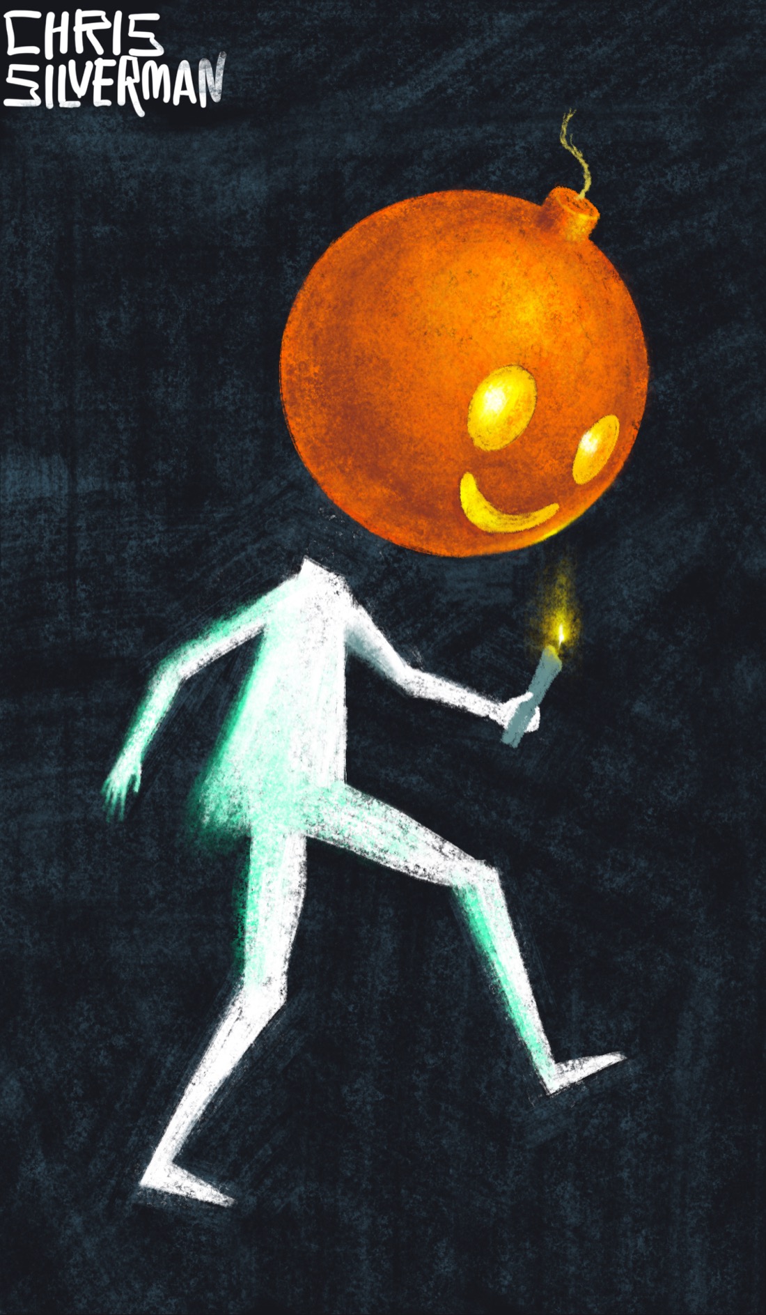 A glowing white figure prances on a dark background. The figure has a greenish tinge to it, and no head. Hovering above its neck is a very large spherical orange bomb. The bomb has two glowing yellow eyes and a simple, smiling yellow mouth, which is also glowing. It looks like the head of a toy person. A fuse sticks out of the top of it. In its left hand, the figure is holding a lit candle. The image is signed "Chris Silverman".