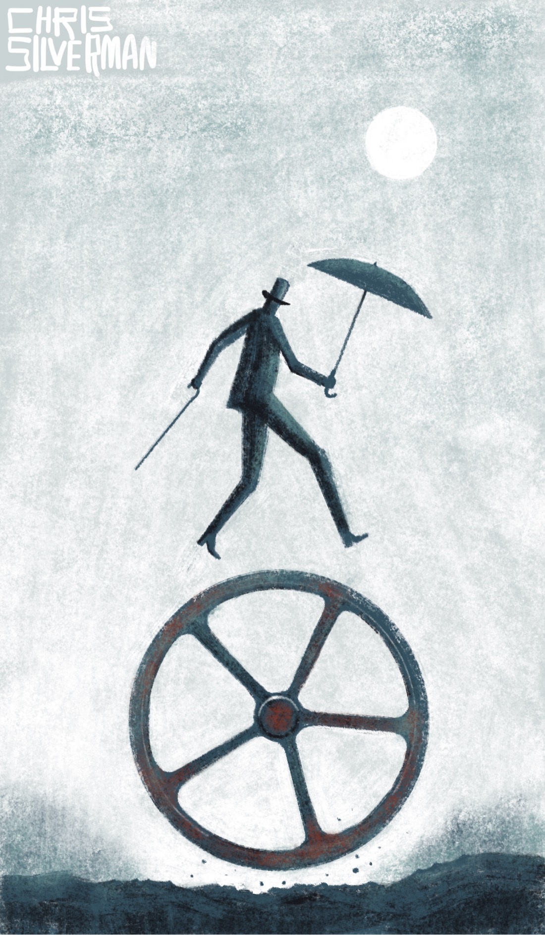 A person in a top hat strides purposefully along, a gigantic metal wheel under their feet. The wheel is as tall as they are. They look like they are balanced on top of the wheel like a circus performer. The wheel looks like some sort of industrial component: five spokes, with a slight rusty tinge to it. It's traveling pretty fast, in the air slightly above the ground, kicking up bits of gravel. The ground around it is barren and rocky. On the horizon are blurry suggestions of trees. The person above is holding a gentleman's cane and an umbrella. Above, the sun hangs in the sky. This is a primarily grayscale painting. It is signed "Chris Silverman".