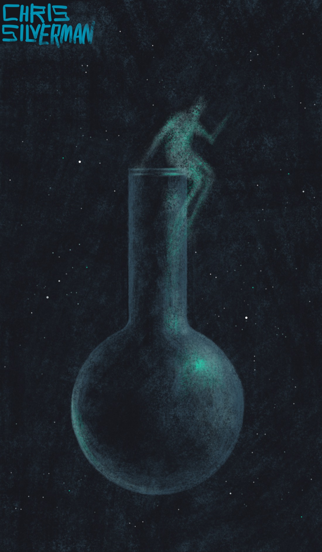 An empty glass flask—spherical body, long cylindrical neck—floats in a starry black sky. The flask is mostly colorless with a slight greenish sheen. Sitting on the rim of the opening is a hazy, greenish human figure, arms and legs blurry and elongated like a ghost. The figure has one arm raised. The figure is maybe a quarter the size of the flask and could easily fit inside it. The painting is signed "Chris Silverman".