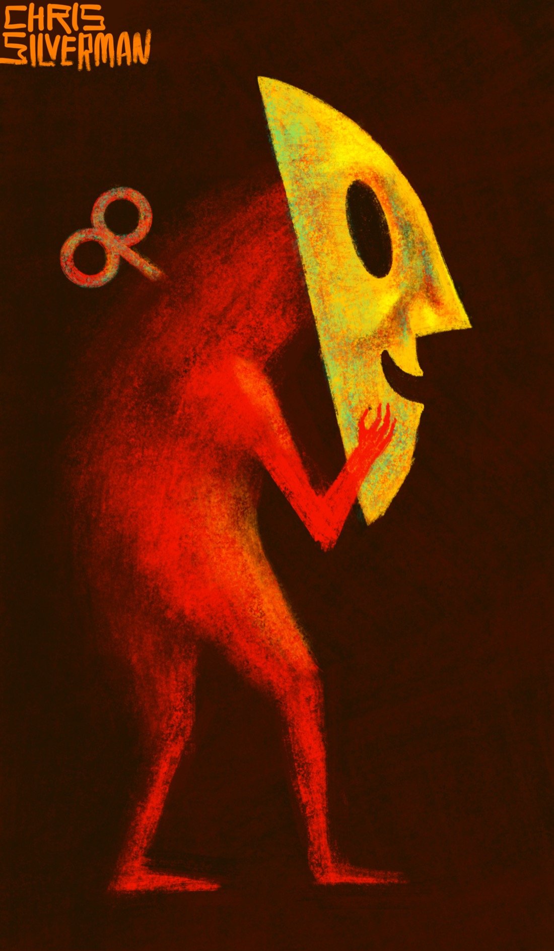 A furry red creature on two legs, holding a bright yellow mask in front of its face. The creature has a reddish clock key sticking out of its back. The mask is viewed from the side, in profile, and is about half the height of the figure itself. The mask has large round eyes, a sharp nose, and a smiling mouth. The figure is standing against a dark brown background. The painting is signed "Chris Silverman".