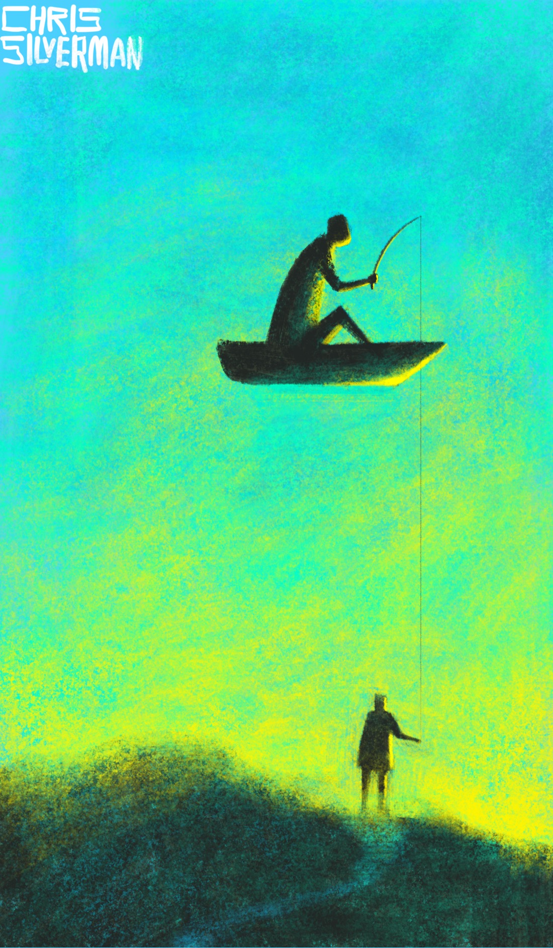 A clear blue sky with bright yellow on the horizon, as though it is sunrise or sunset. A large person sits in a small boat that hovers in the sky. The person is holding a fishing rod. The line hangs down and is held in the hands of a smaller person standing on the ground. Yellow sunlight reflects off both people. The person is standing on a small hill. In front of the person, leading towards the viewer, is the dim bluish suggestion of a road. The painting is signed "Chris Silverman".