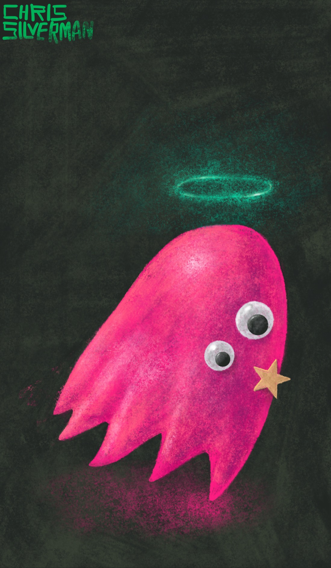 A pink, luminescent blob that looks sort of like a Pac-Man ghost: round, with short, conical tentacles. The blob has two googly eyes haphazardly placed on it, and a gold star sticker beneath one of the eyes. There is a glowing green halo above its head. It is traveling to the right. It is in a dark, featureless space. The painting is signed "Chris Silverman".