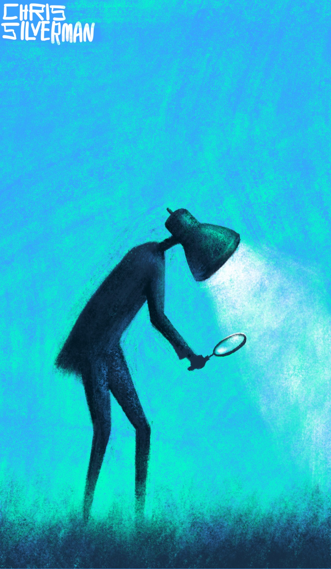 A tall, thin human figure walks through a dark meadow. The sky is a bluish-green and looks like late evening. The figure's head is a desk lamp, casting a glowing white beam. The figure is holding a magnifying glass in front of it, pointed towards the ground. The painting is signed "Chris Silverman".