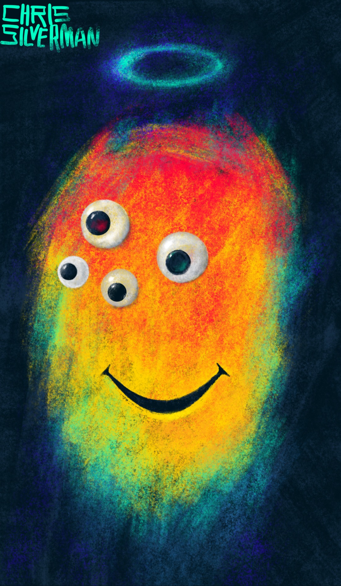 A multicolored blob of rainbow hues: red, yellow, bioluminescent green, ultraviolet purple, all on a black background. The blob has a cartoonish smile and four googly eyes facing to its right. Above it is a hazy glowing greenish halo with ultraviolet blue tinges. The painting is signed "Chris Silverman".