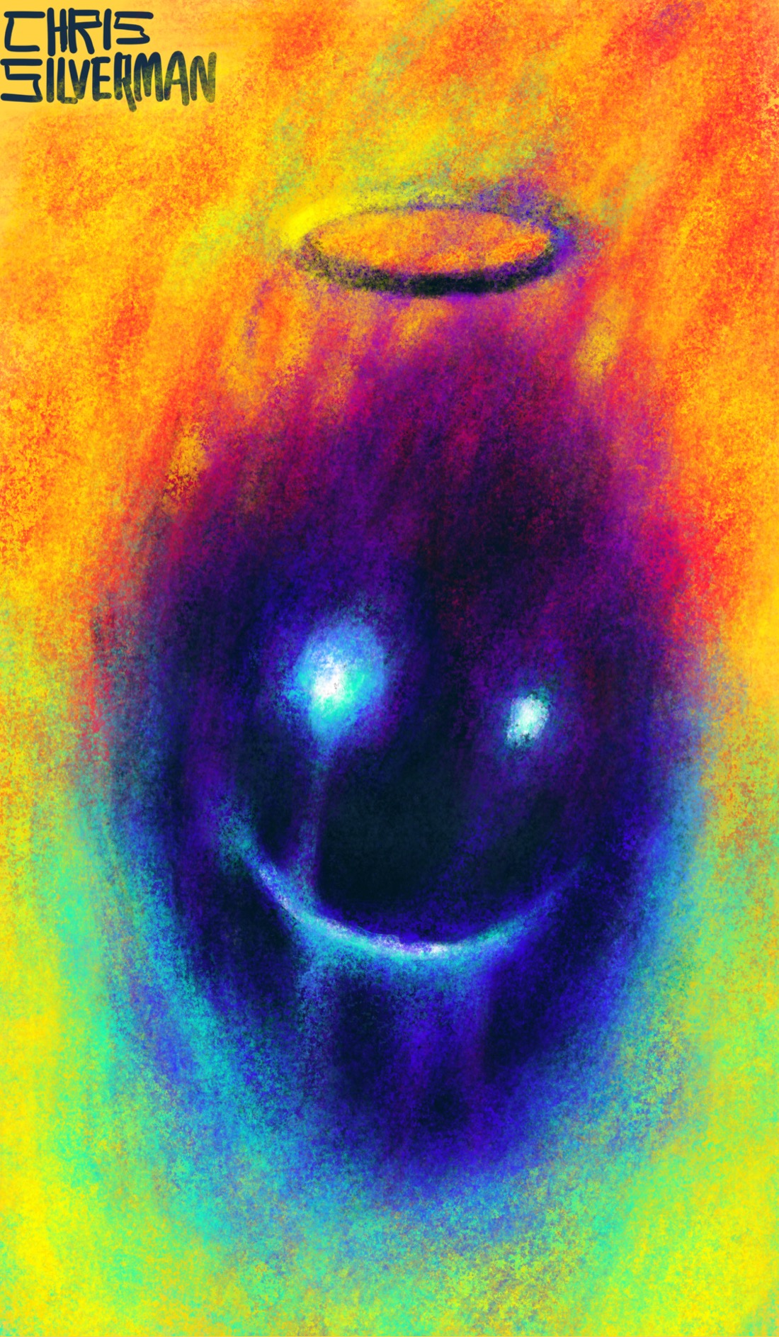 A blazing multicolored background: red, orange, and yellow at the top, and yellowish green below. In the center is a dark blue, purple, and black face with two glowing bluish eyes and a smiling mouth. The mouth and right eye have glowing trails running down, as though the paint has run. The top of the face has similar trails rising up, suggesting flames. Above the face is a halo, half black and half yellow. The painting is signed "Chris Silverman".