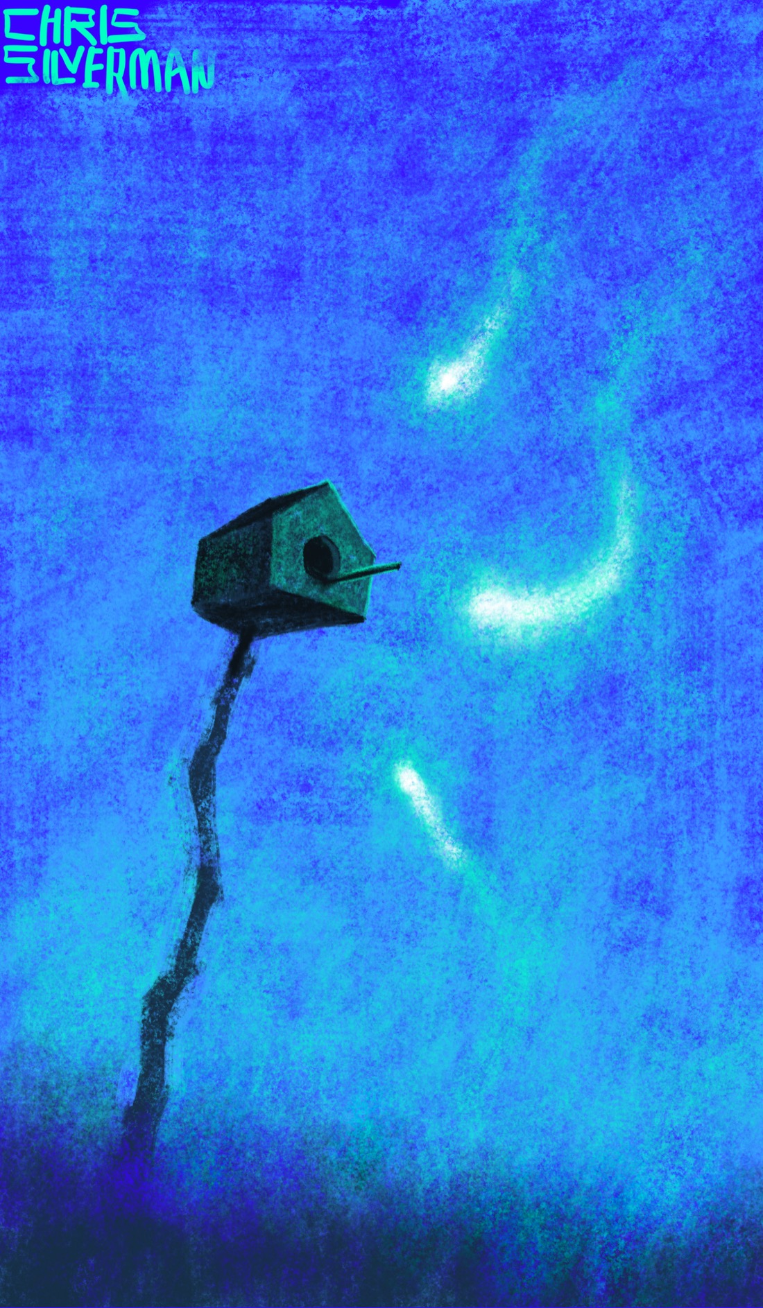 A small birdhouse on a tall, uneven stick, in the middle of a dark meadow at night. Heading towards it from different directions are three glowing entities that look sort of like minnows made of glowing green light. The surrounding sky is dark blue.