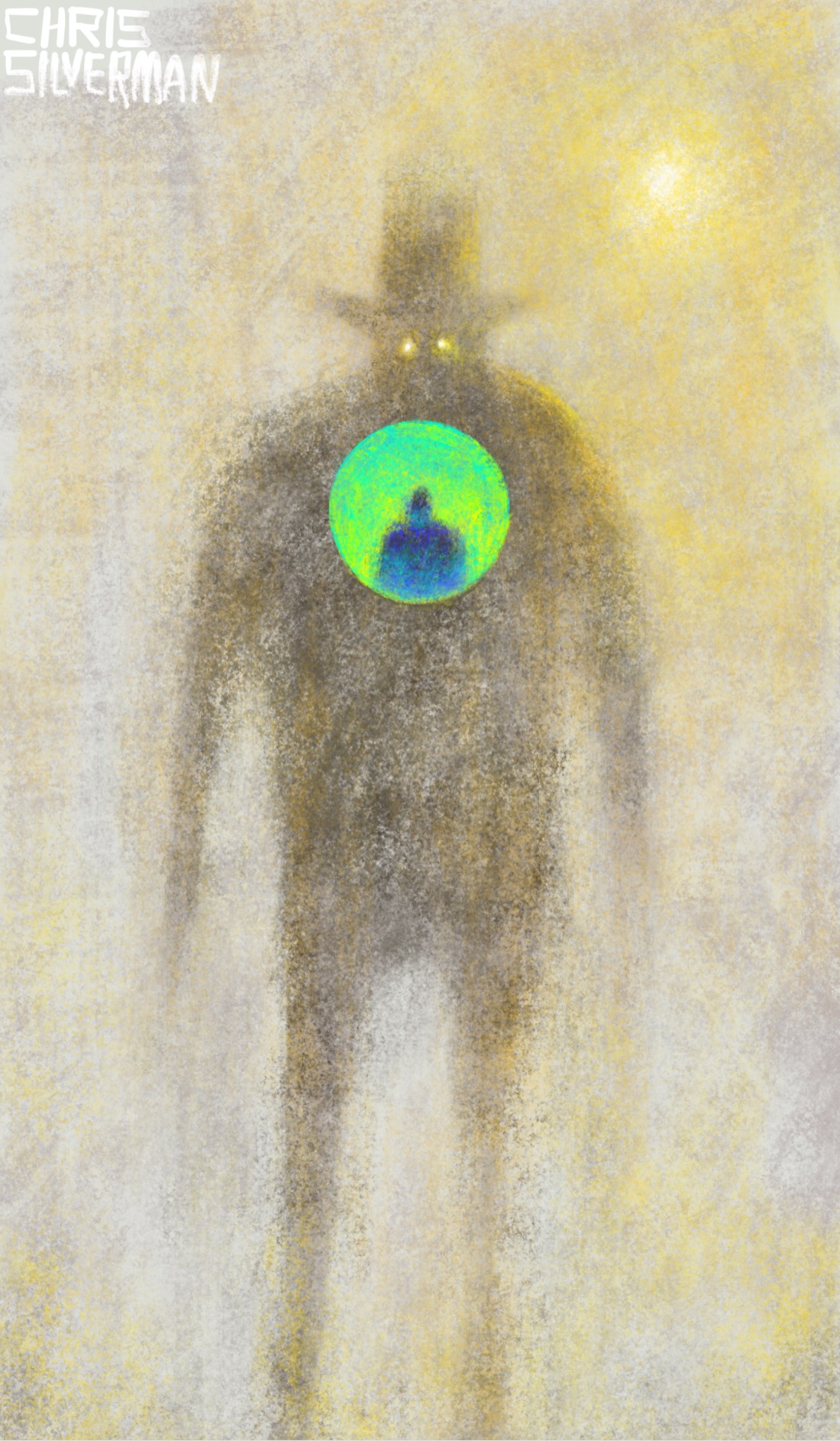 A tall, blurry figure with a stovepipe hat stands against a grayish-tan background. In the top right, a hazy sun casts a watery yellow light. The figure's only facial features are two glowing eyes. In the center of the figure's chest is a glowing green circular window the iridescent color of a holograph. A bluish silhouette is visible in the window. The painting is signed "Chris Silverman".