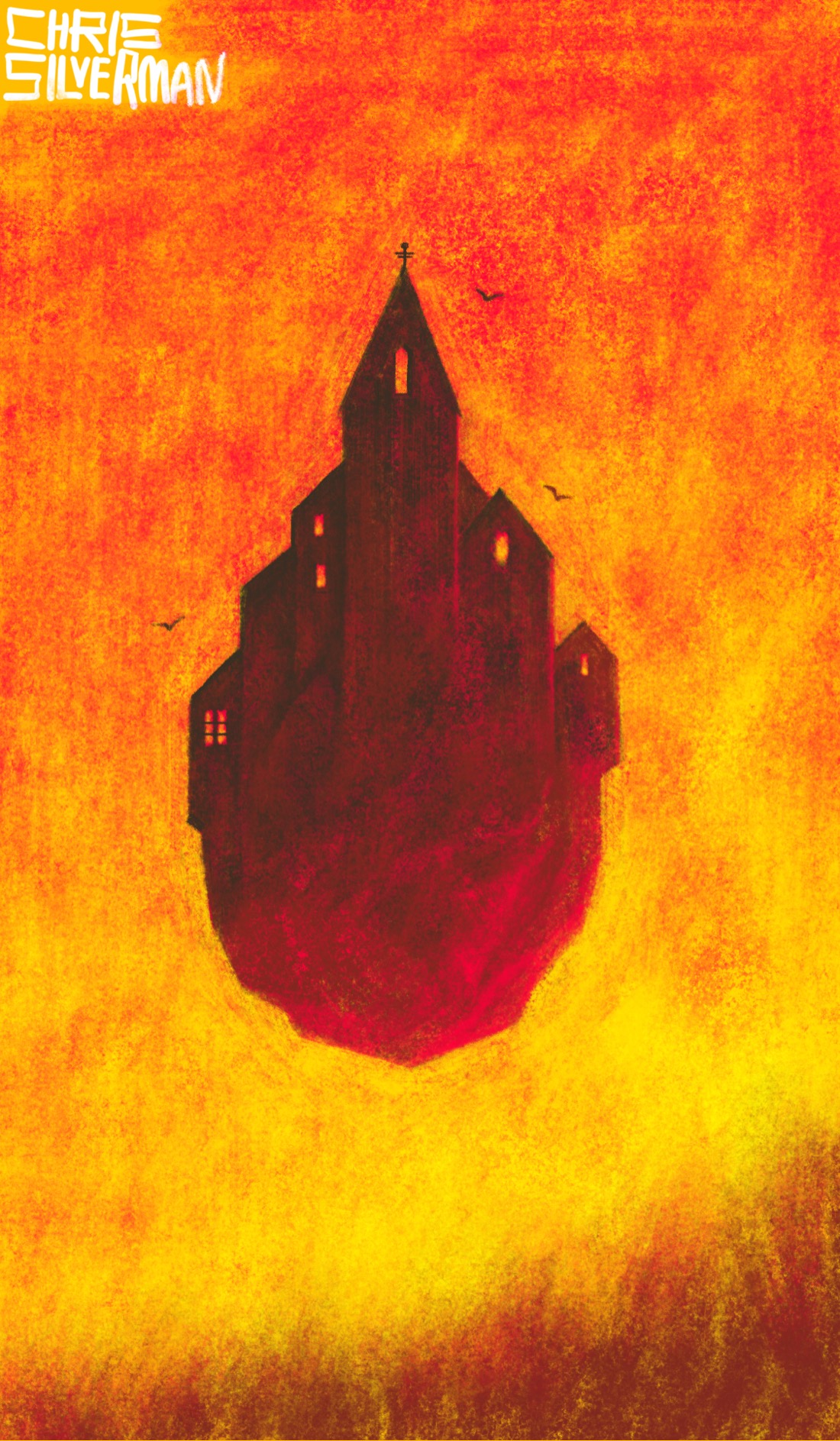 A blazing yellow and orange sky over a dark maroon field. Hovering in the sky is a vast, roughly teardrop-shaped rock with a churchlike building on top of it. The building has a tall central steeple and multiple pointed roofs. Both the building and the rock are a dark maroon. The bottom of the rock is illuminated crimson, suggesting the sun is near the horizon. The building has glowing red and yellow windows. A few birds are in the air around the building. The painting is signed "Chris Silverman".