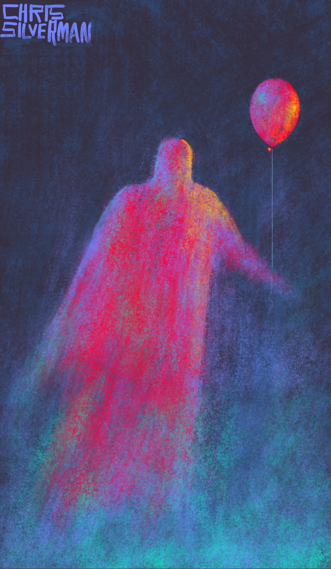 A bright red ghost stands in the dark, surrounded by glowing bioluminescent-green mist rising up from the ground. The ghost looks like the silhouette of a person covered in a bright red sheet. Its left arm is outstretched and hazy, fading out. It is holding a bright red balloon on a string. There is no visible light source, but it seems to be lit from two directions: an eerie greenish-blue light from the rear, and a yellow light from the front. The painting is signed "Chris Silverman".