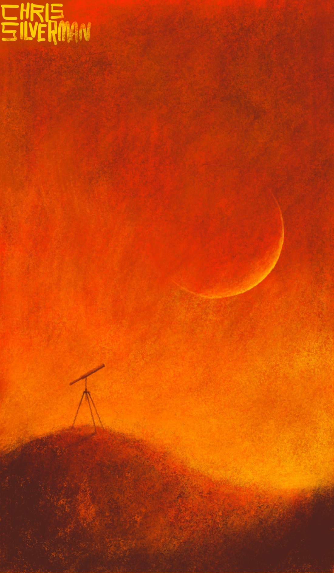 A small reddish hill under a red sky. Hanging in the sky to the right is the thin yellow crescent of a large moon. The horizon is golden. Placed on top of the hill with no one around it is a telescope pointed at the moon. The painting is signed "Chris Silverman".