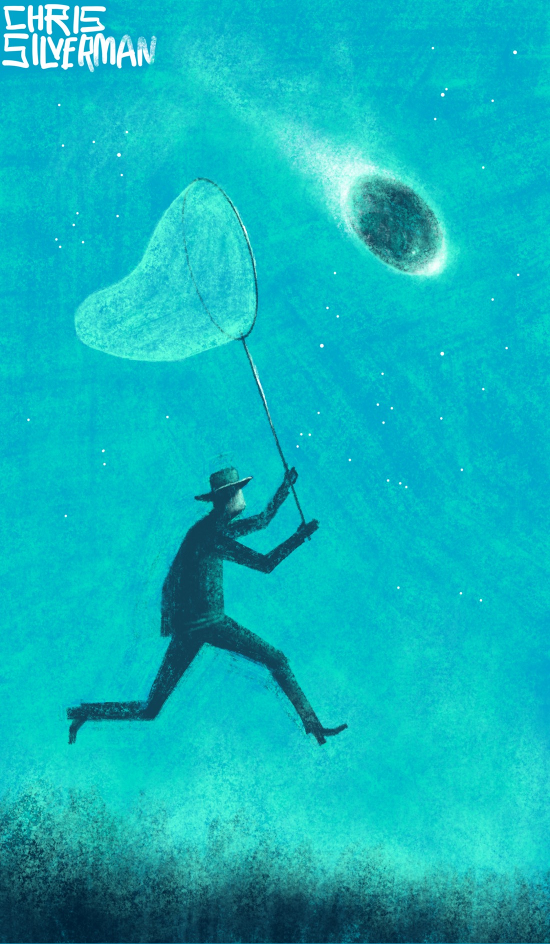 A person wearing a fedora and a suit runs across a meadow at night, holding up a large butterfly net. They're trying to capture an object hurtling out of the sky. The object is small, the size of a large frisbee, and saucer-shaped. It is leaving a slight glowing trail. Both the front and back of the object are glowing white with heat. The sky is a greenish-blue, clear and starry. The painting is signed "Chris Silverman".