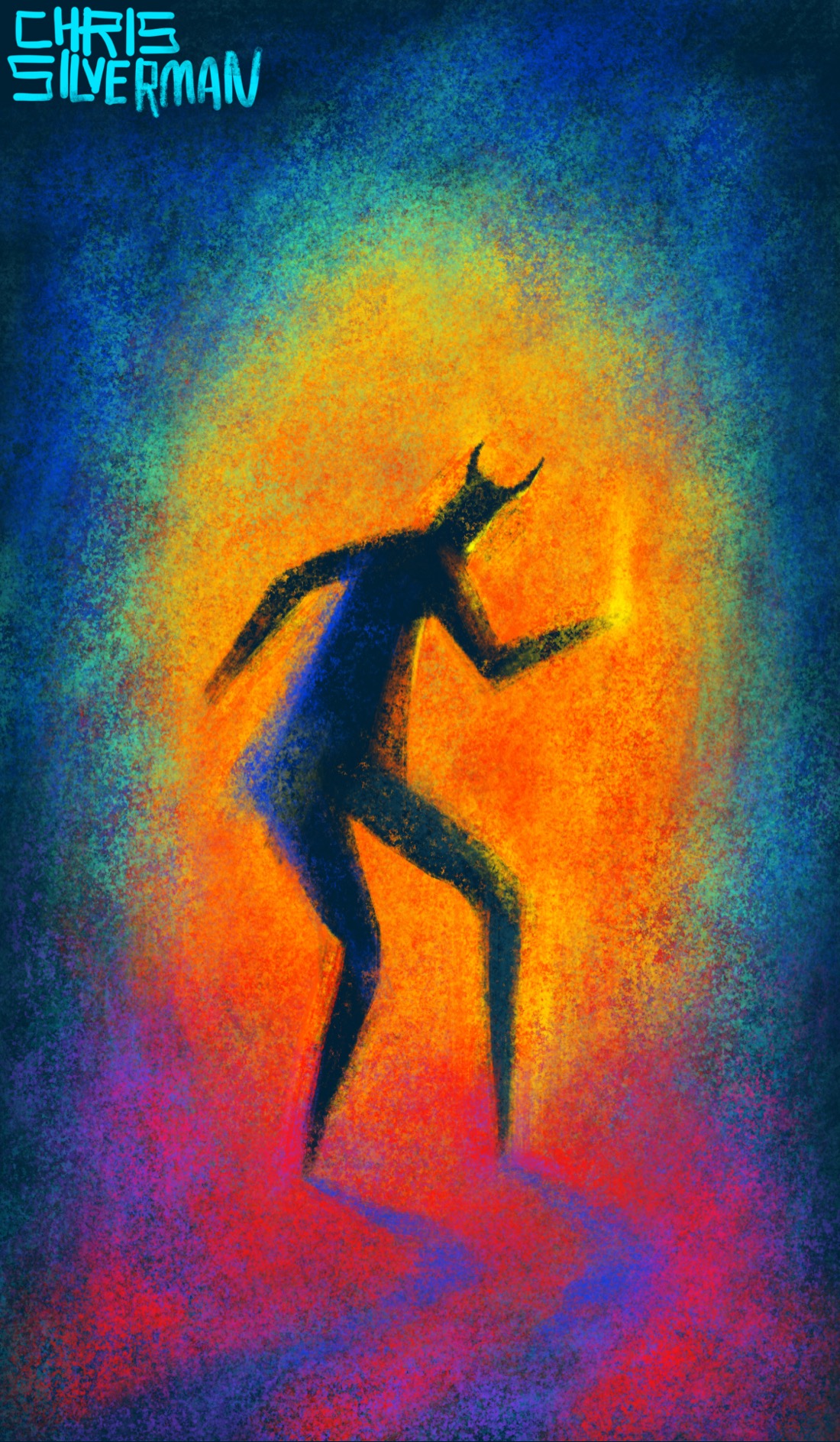 A figure with horns stands silhouetted in a blaze of red and orange light. The light is tinged with fluorescent greens and blues. The figure is casting a long indigo shadow and is staring at one of its hands, from which yellow fire is rising. The painting is signed "Chris Silverman".