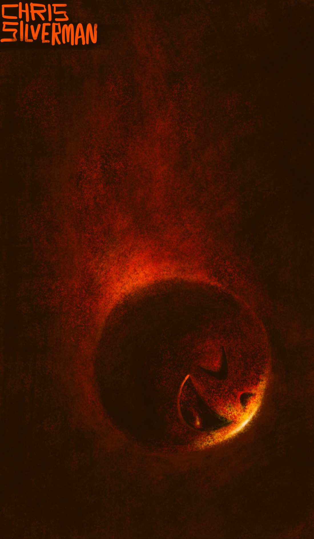 A sphere falls through the darkness, leaving a vaporous reddish trail. It is glowing red in both the back and the front like a meteor. The background is a very dark, warm reddish-brown. The sphere has a face: two closed eyes and an open, laughing mouth. It looks like the "haha" reaction on Facebook. One side of the face is glowing orange-white, maybe from an unseen light source, maybe from the heat of travel itself. The painting is signed "Chris Silverman".