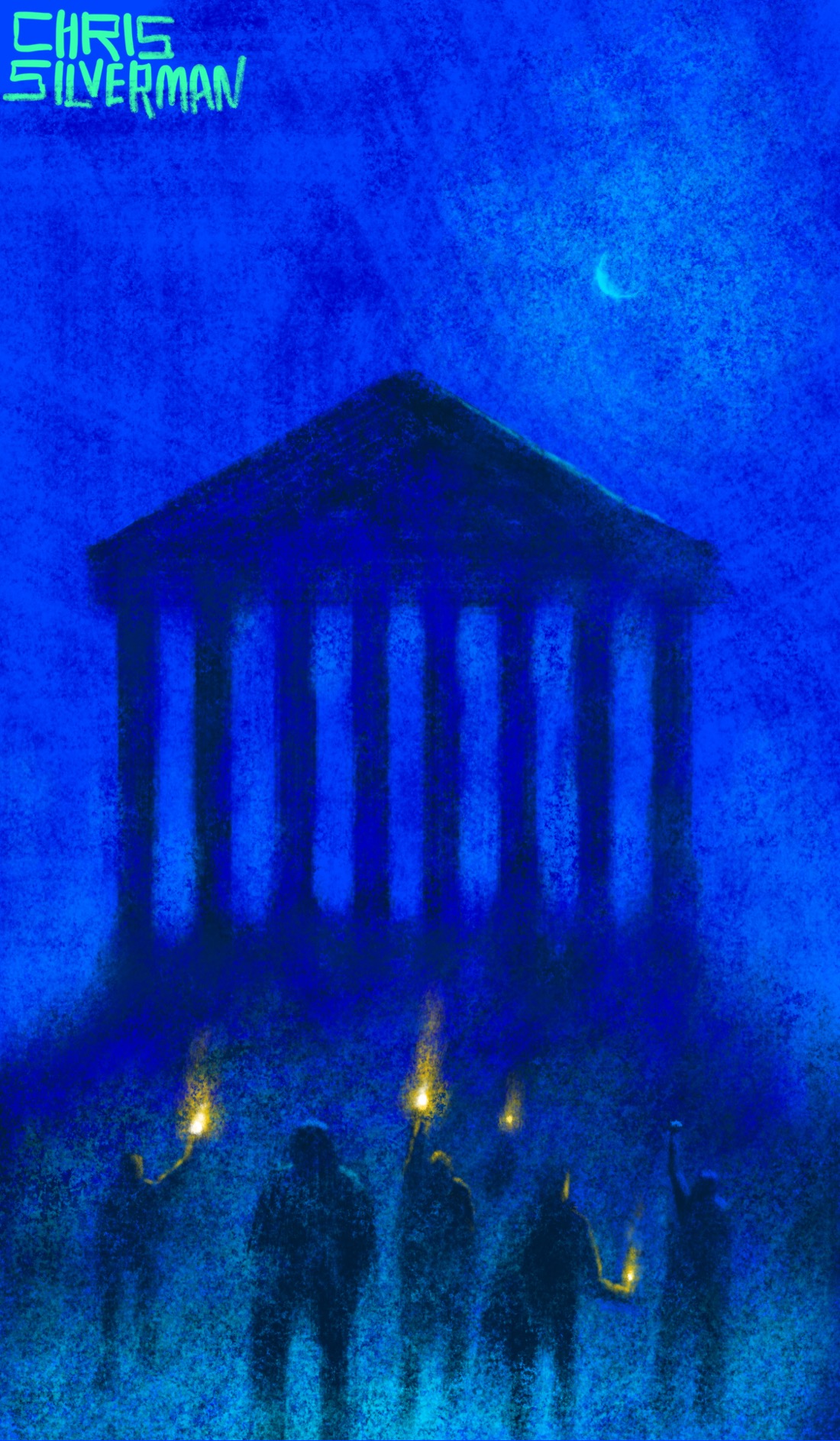 A dark blue night with a hazy sliver of a moon and no stars. Looming in the background is the vast silhouette of a classical building that resembles the front of the Parthenon: a wide triangular pediment supported by eight columns. The sky is seen between the pillars, suggesting that much of the building is gone. The moonlight reflects dimly off the right side of the pediment. Gathering in front of the building are the dark silhouettes of a crowd of people, some of whom are carrying glowing yellow candles and torches. A low bluish haze covers the ground. The painting is signed "Chris Silverman".