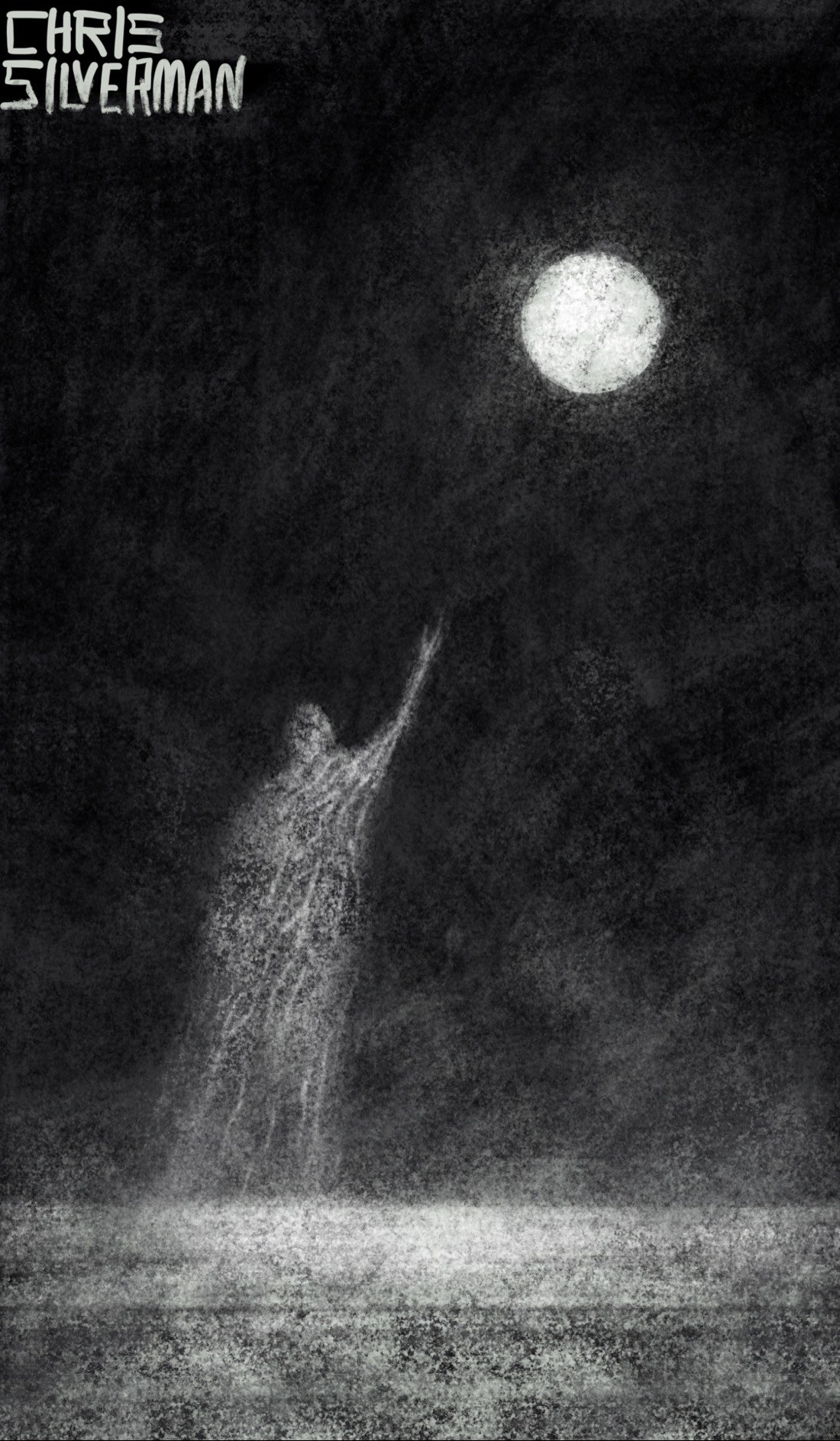 A black sky with only a full moon. The ground is flat, white, and barren, with a white fog rising from it. Standing in the fog is a ghostly white figure reaching towards the moon. The painting is signed "Chris Silverman".