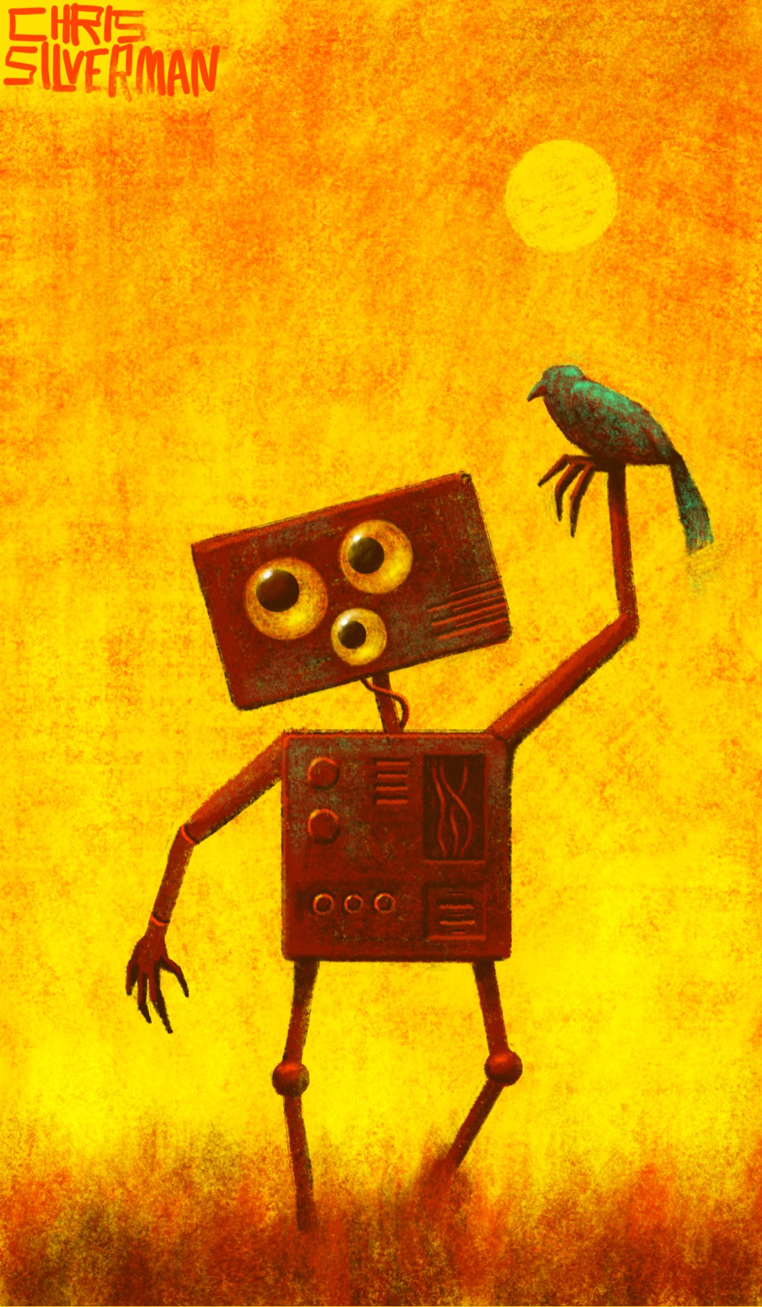 A short, rust-colored robot wanders through a reddish field under a yellow sky. The sun sits in the top right of the sky. The robot's head and torso are large and boxy, with thin pipe-like arms and legs. The robot's head has three googly eyes stuck to it. On the front of its torso are some knobs, dials, vents, and a rectangular exposed compartment with red wires in it. It is facing the viewer, holding up its left hand. Perched on its hand is a reddish bird with a green iridescent tinge to it. The painting is signed "Chris Silverman".