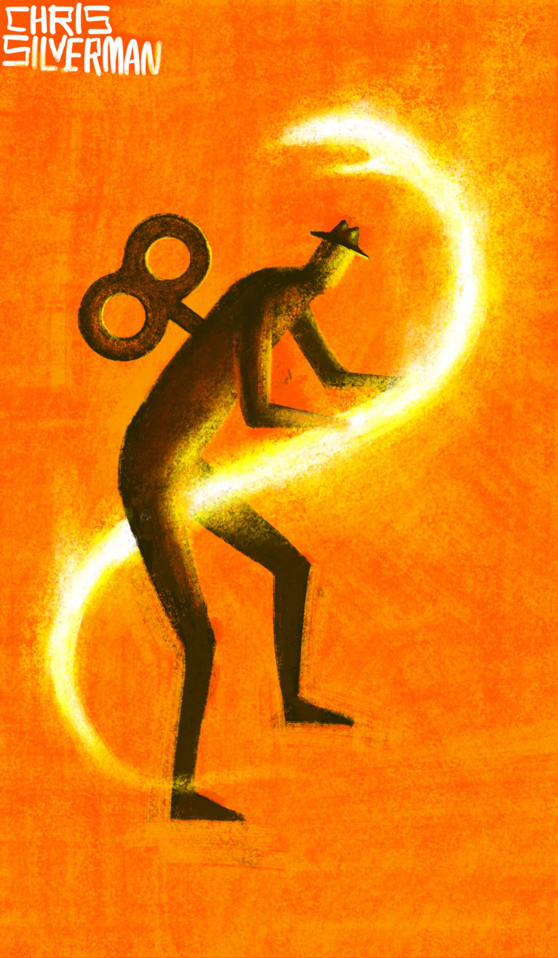 A long serpent made of glowing white and yellow fire, curved in approximately the shape of a backwards S. Astride the serpent, riding it almost like a broomstick, is a tall human figure wearing a fedora hat with a clock key sticking out of its back. The figure is dark brown, and illuminated by the fire. The background is bright reddish orange. The painting is signed "Chris Silverman". ￼