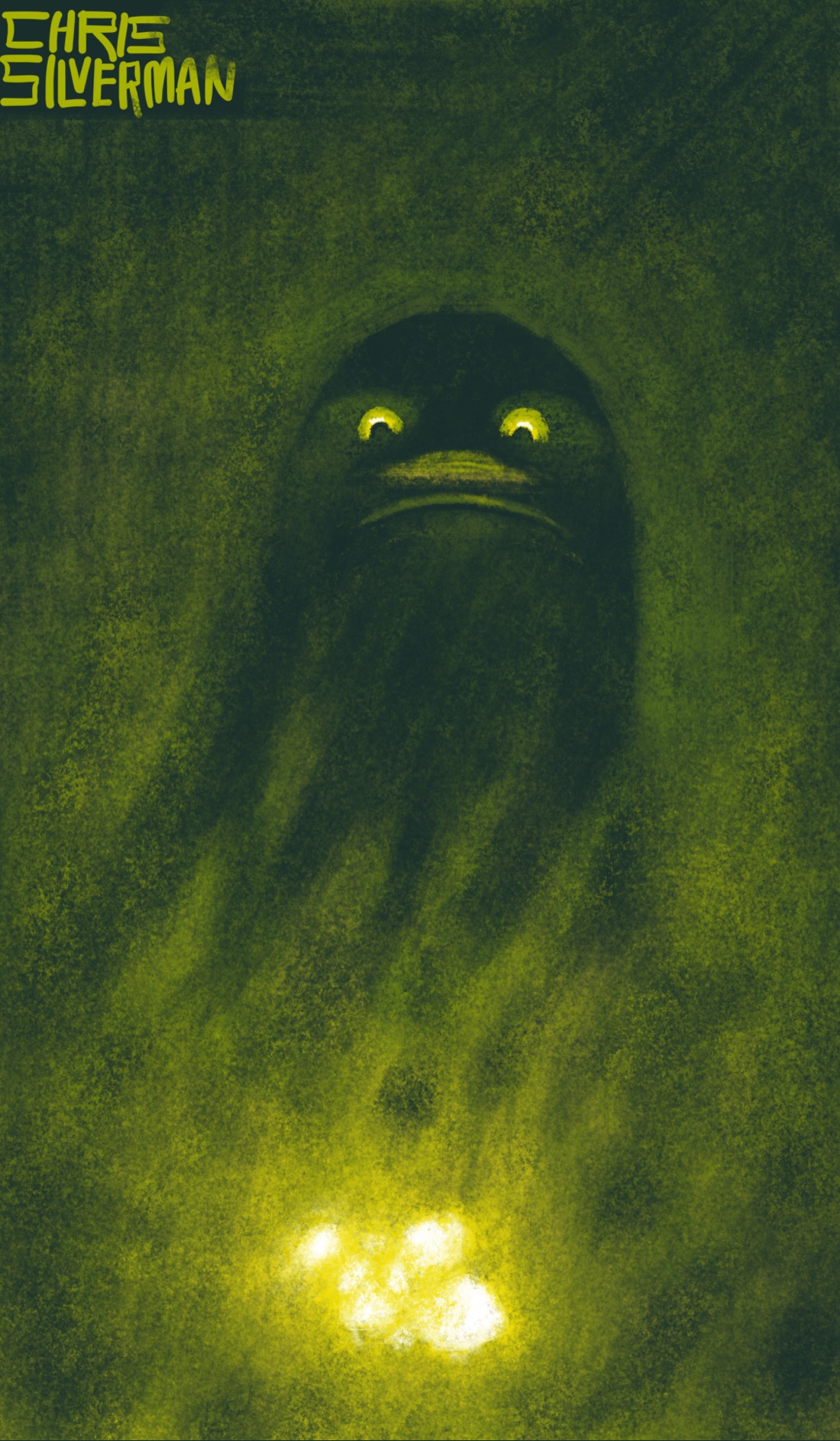 A dark green background. In the foreground is a collection of small, brightly glowing greenish-yellow rocks. Strands of mist rise up from the rocks. Standing behind them, looming out of the fog, is a large dark figure with no visible arms and a round head. The underside of its broad nose is lit eerily. Its eyes glow green-yellow in the light. The painting is signed "Chris Silverman".