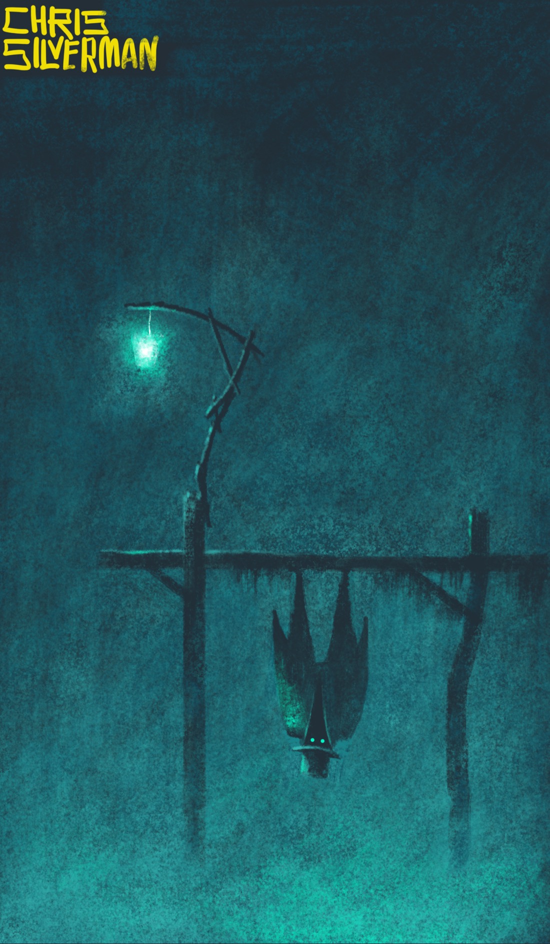 A dark, foggy night. On the right of the painting, a rickety dock extends across greenish fog that covers the water. It is supported by two unsteady-looking pilings. At the very end of the dock is an even more rickety lamppost, from which hangs a glowing greenish lantern. Moss hangs from the underside of the dock. Also hanging from the underside of the dock, like a bat, is an unsettling figure wearing a top hat and coat. Going by the two glowing green eyes under the hat, it is not sleeping. The painting is signed "Chris Silverman". Happy Valentine's Day.