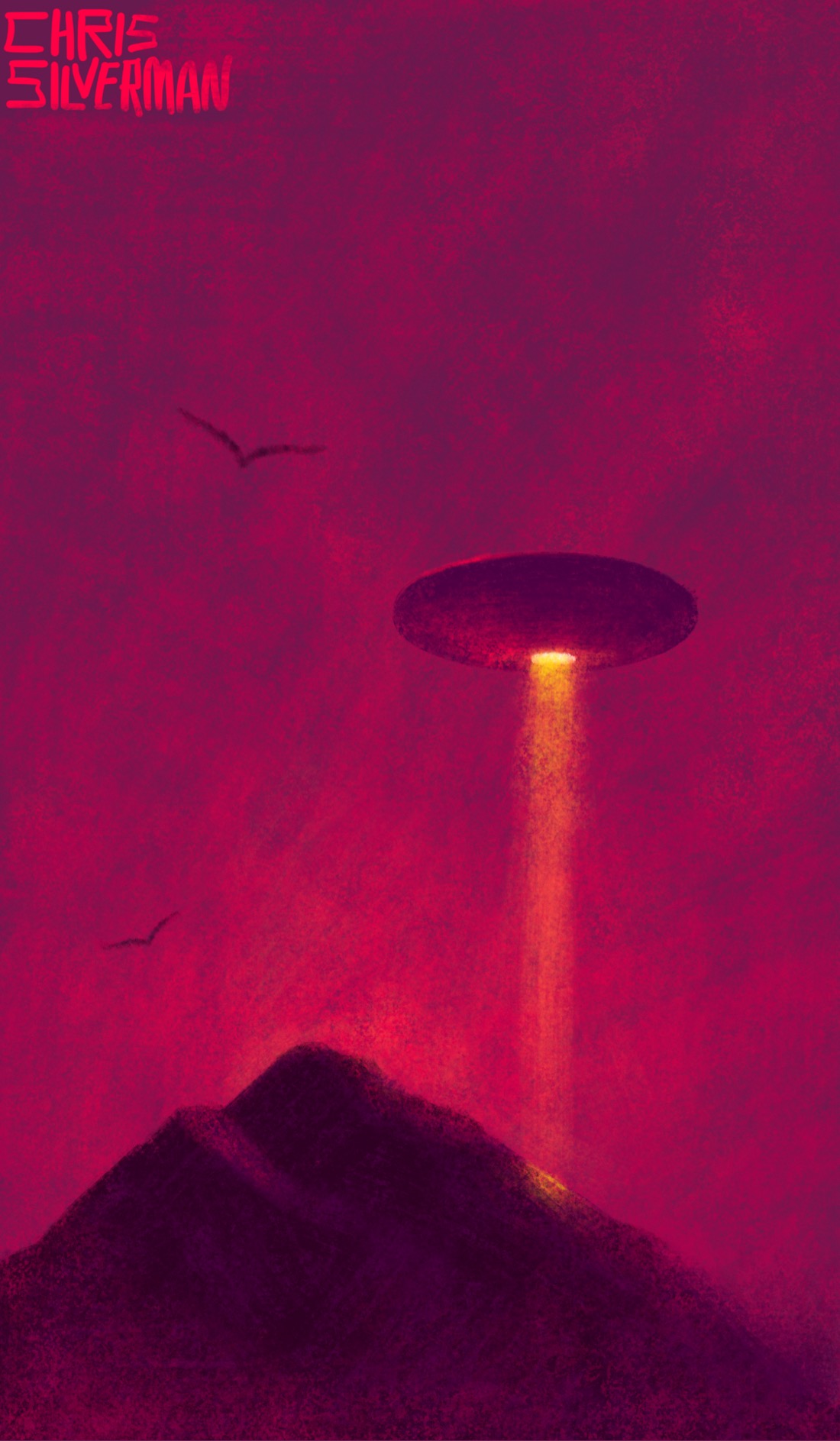 A dark mountain rises up into a reddish-purple sky. Hovering above the mountain is a circular spacecraft, a long yellowish beam of light emanating from a small round hatch on its underside. The sky is heavy with clouds and fog. A few dark shapes of birds circle about the mountain. The painting is signed "Chris Silverman".