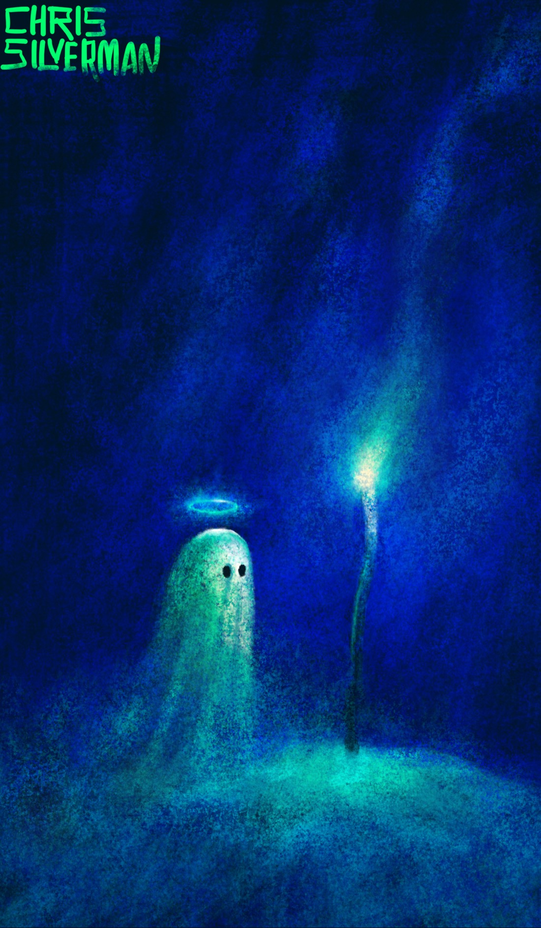 A tall black post, flaming on top like a torch, stands on the middle of the snow. It is giving off a greenish-blue fire, a dim column of bluish smoke rising above it. Around it, the night is a dark blue, and seems to hang in foggy waves. To the left stands a ghostly figure wearing a white sheet, two eyeholes cut out of it. The figure is emerging out of a low fog. Hovering above the ghost's head is a glowing green halo. The painting is signed "Chris Silverman".