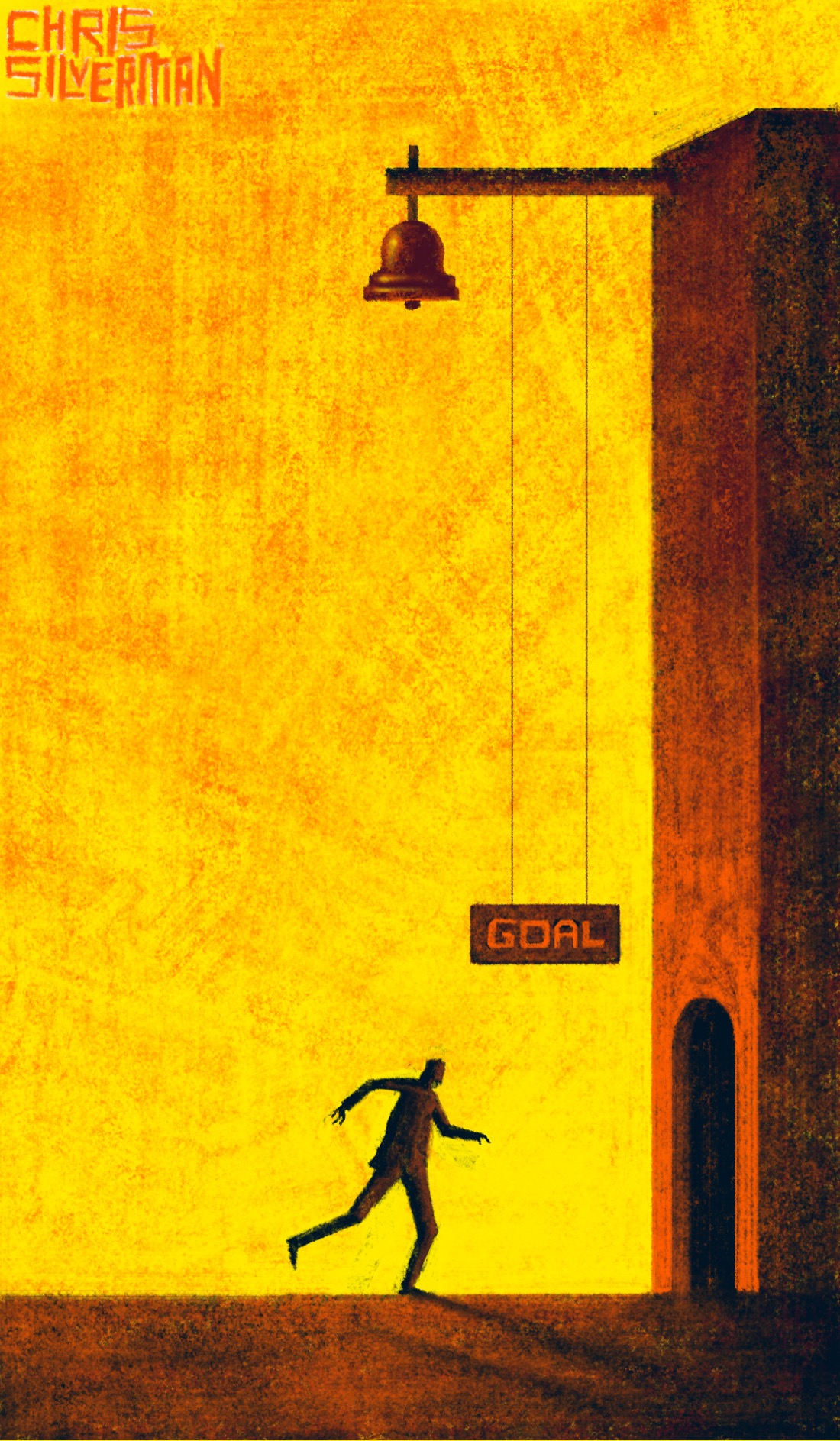 A yellow sky with orange clouds; beneath it,a flat orange-brown plain. On the right of the painting is a tall, perfectly vertical wall with a small arched doorway in it. At the very top of the wall is a horizontal rod with a large bell hanging from it. Also hanging from it is a small sign, suspended just above the doorway, with the word "Goal" on it. The wall is a red-brown color, with the front face reflecting orange. Running towards the doorway is the silhouette of a person. One level down, who knows how many to go. The painting is signed "Chris Silverman".