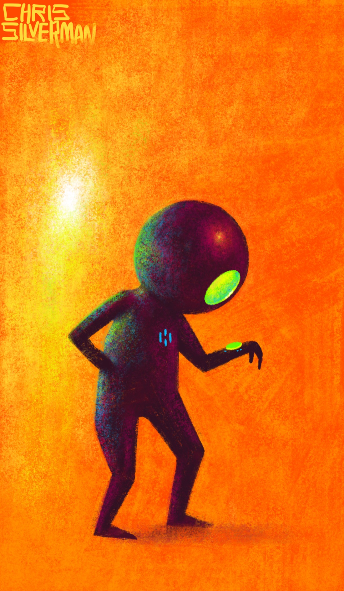 A small figure stands in a bright orange space. It is wearing a shiny purple space suit of some sort, its head encased in a perfectly spherical helmet with a circular faceplate on the front, like a diver's helmet. The faceplate glows a holographic green. The figure has one hand on its hip and the other out in front of it, and it is inspecting a small glowing green circle on its wrist, like someone checking a watch. On the front of the suit is a small pattern of four bright blue lines arranged in a diamond shape; possibly a control panel. Beyond the figure is a blaze of white and yellow light—not the sun, something else, perhaps a time portal that it has just stepped out of. The light reflects off the back of the figure, the reflection an iridescent greenish-blue like what you'd see on a beetle. The painting is signed "Chris Silverman".