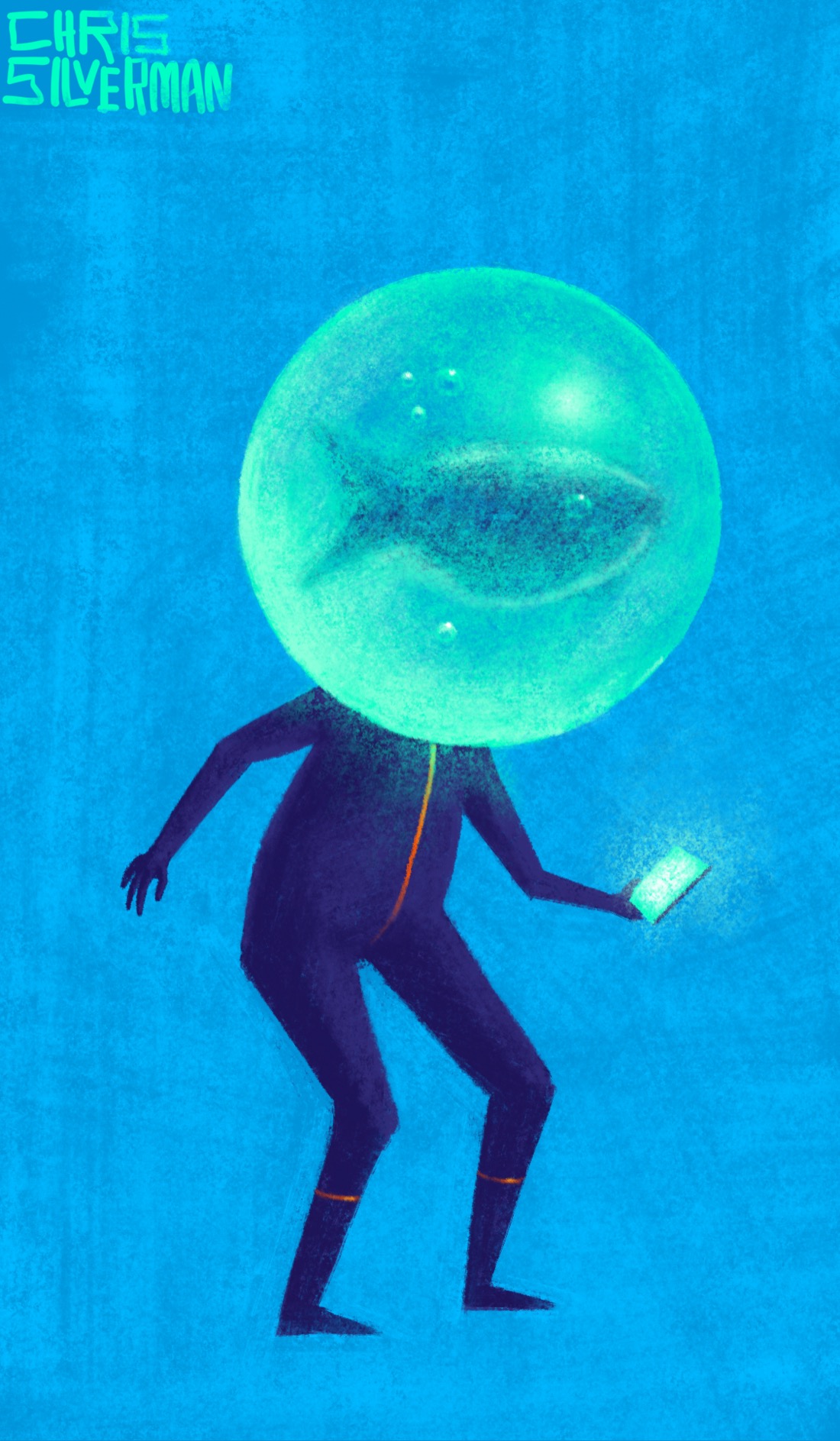 A figure wearing a tight-fitting purple jumpsuit stands in a featureless blue space. The suit it's wearing looks sort of like something a diver might wear: dark purple, with an orange zipper down the front and two orange rings around the feet that imply boot rims. Where the figure's head would be is a disproportionately large green glass sphere, about a third the size of its ￼body. The sphere is filled with liquid and contains a large, dark fish, dimly visible through the glass. There are a few bubbles as well. The figure's right arm is out to one side; in its left arm, it's holding a phone with a glowing green screen. The painting is signed "Chris Silverman".