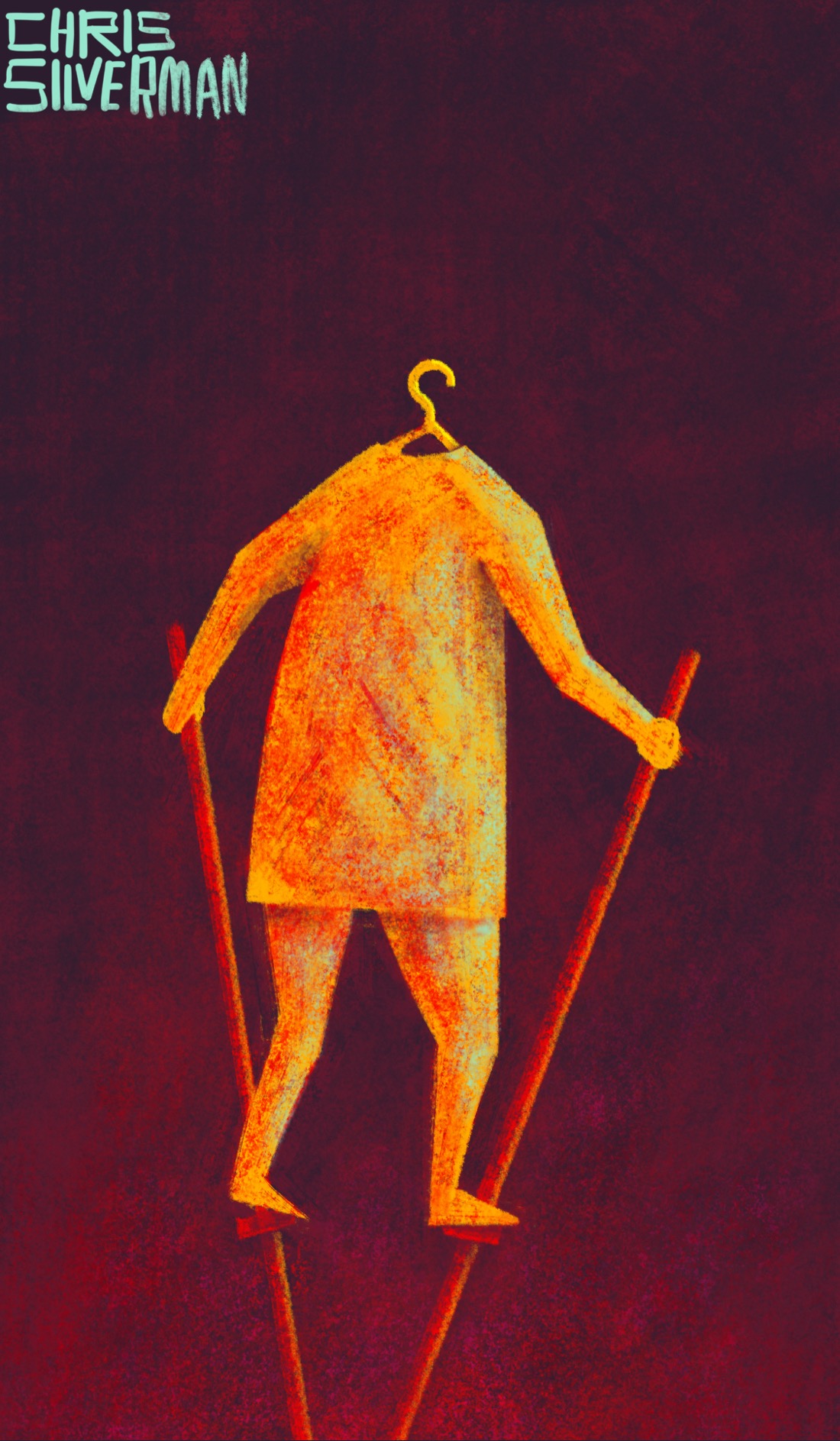 A headless figure walks on red stilts in a dark burgundy space. The figure is a reddish gold, with paler blue light reflecting off the front. Where its head would be is the hook of a yellow coat hanger. The painting is signed "Chris Silverman".