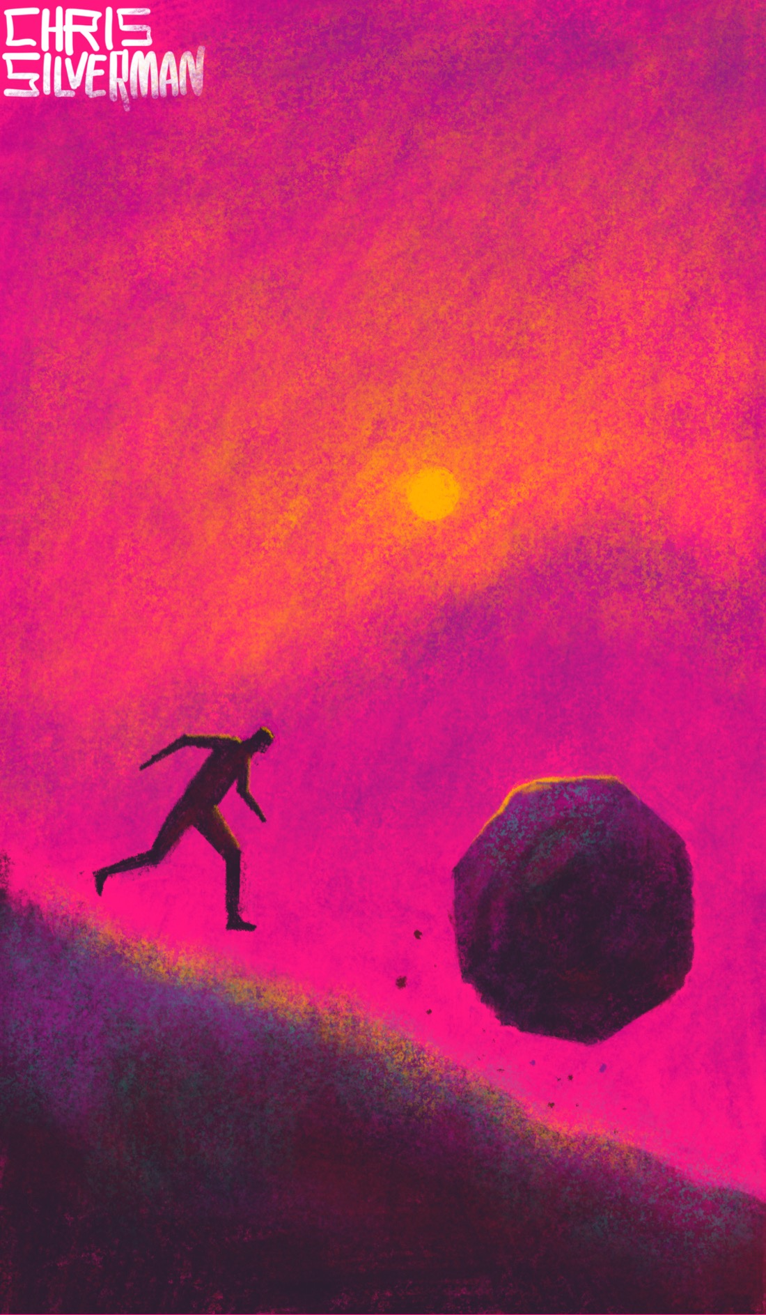 A blazing crimson sky, with a yellow sun hanging low over a distance hill, casting yellow light on the clouds. In the foreground, a hill slopes sharply down to the right. Hurtling down it is a large boulder, the sunlight glinting off it. Chasing along behind the boulder is a person. The painting is signed "Chris Silverman".