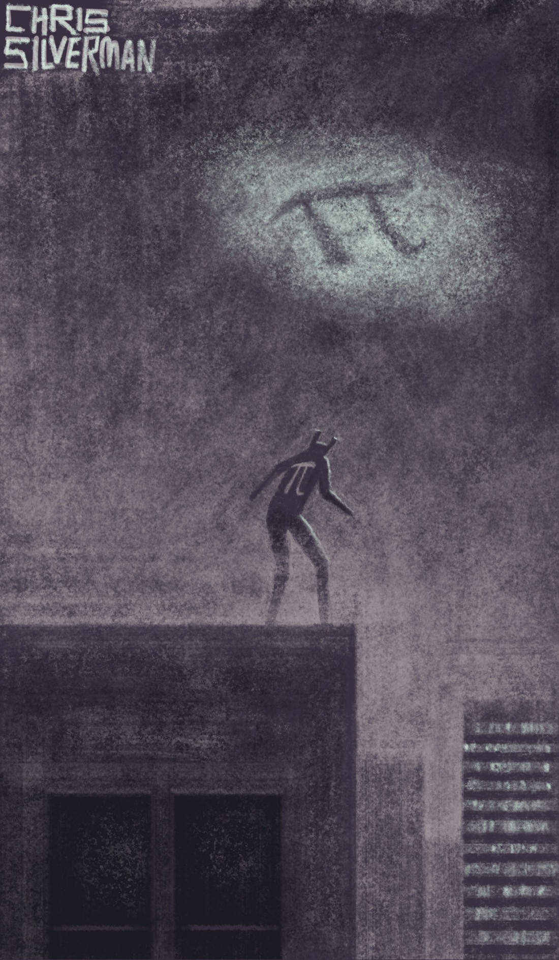 A dark, cloudy, city night. The sky is heavily overcast; the whole scene is an oppressive brownish gray. In the foreground, a figure stands on the roof of a building. The figure is in an action pose, as if they're ready to leap into the sky. A low fog surrounds them. They have a Greek letter "pi" on the back of their outfit, and two squarish horns on their head. Hovering in the sky, projected against the clouds, is a ghostly greenish spotlight that also has a Greek letter "pi" at its center. In the distance are other skyscrapers, the windows dimly illuminated in the fog. The painting is signed "Chris Silverman".