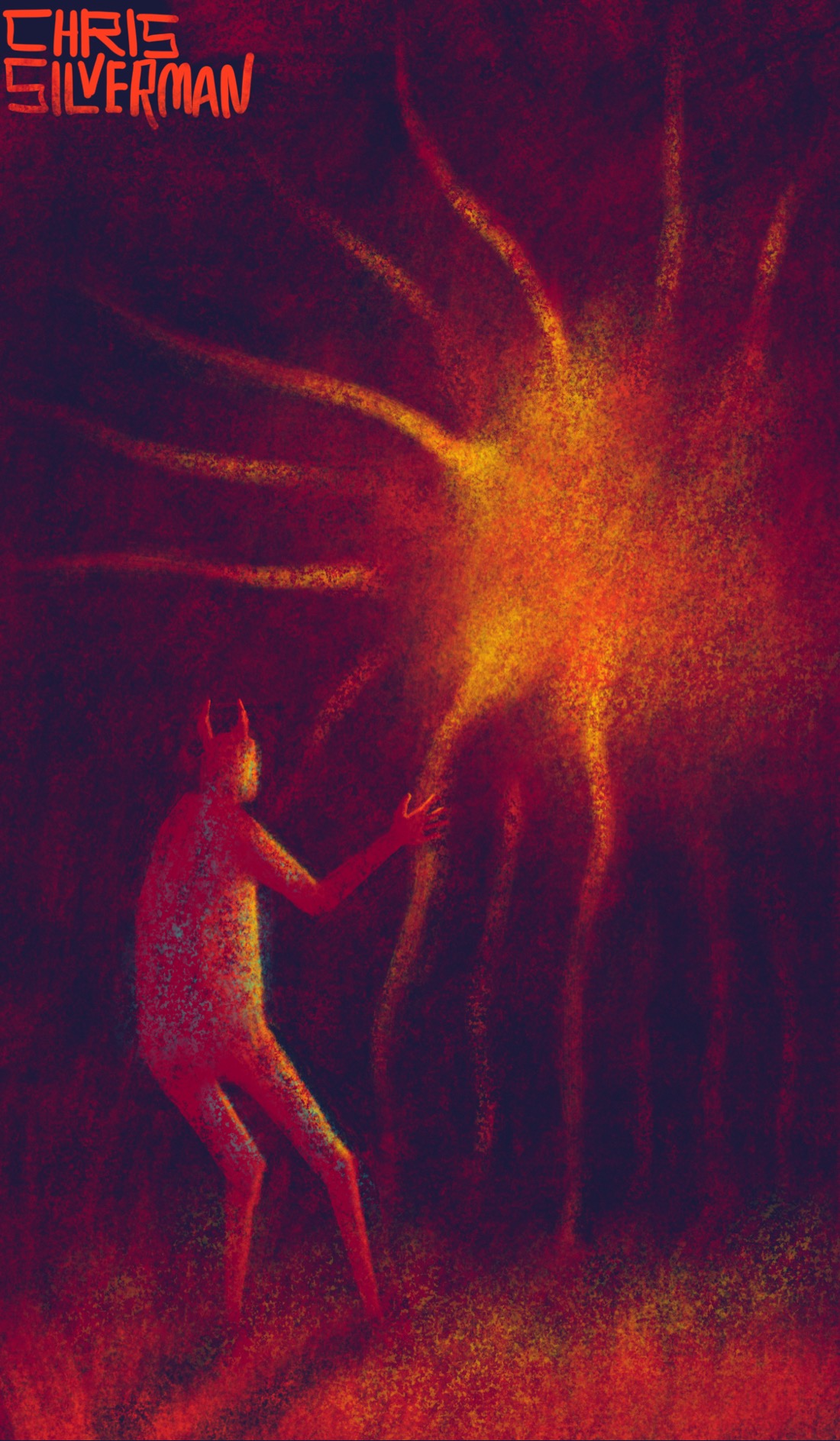 A red figure with horns tentatively touches one of a multitude of glowing orange tentacles that loom out of the darkness. The nature and source of the tentacles is unclear; the effect suggests a giant anemone, or even a plasma globe. The figure is standing in a red grassy field. All around is darkness. This is not a sex thing, please don't be gross on here. The painting is signed "Chris Silverman".