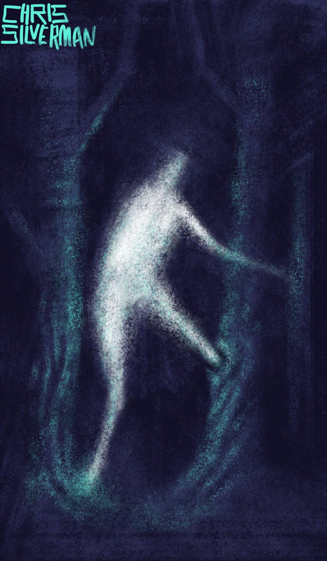 A dark forest in the dead of night. Dark purple tree trunks loom in the background. Stepping among them, seemingly rising up out of the ground, is a tall, ghostly figure glowing greenish-white. One of the figure's legs touches the ground, and is surrounded by a greenish glow; the other is disappearing into a hole in a tree trunk. The whole scene is fringed with a bioluminescent green. The painting is signed "Chris Silverman".