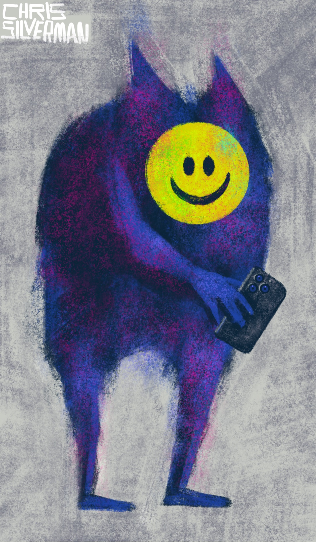 A large bluish-purple monster with two pointed ears and a bulky frame holds a black iPhone. The monster's face is covered by a yellow smiley-face mask. The monster is standing against a gray background. The painting is signed "Chris Silverman".