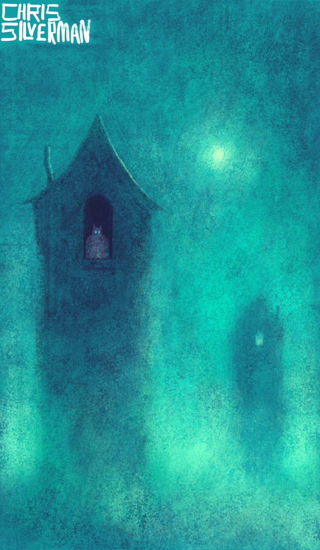 A foggy, eerily green place. Looming out of the fog is a tall tower-like house with a sharp, pointed roof and a small, crooked chimney. The house has just one window: an arched window up near the roof. It is dark, with an unsettling-looking figure looking out of it. The figure has glowing green eyes and a slightly purple, shapeless body. A similar tower is seen, farther off in the distance. In the sky sits a hazy celestial object that could either be a sun or a moon. The painting is signed "Chris Silverman". ￼