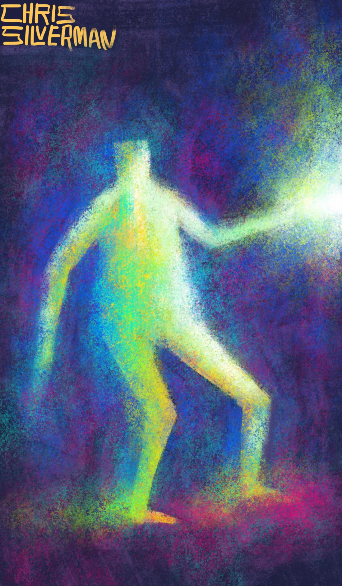 A human figure stands in a dark space, one arm forwards. The figure is various colors: yellow, bright blue, neon green. The front of the figure is glowing white. The end of its extended arm blazes with white light, as though it is welding something with pure energy. The space around it is various shades of darker blue and purple. The painting is signed "Chris Silverman".