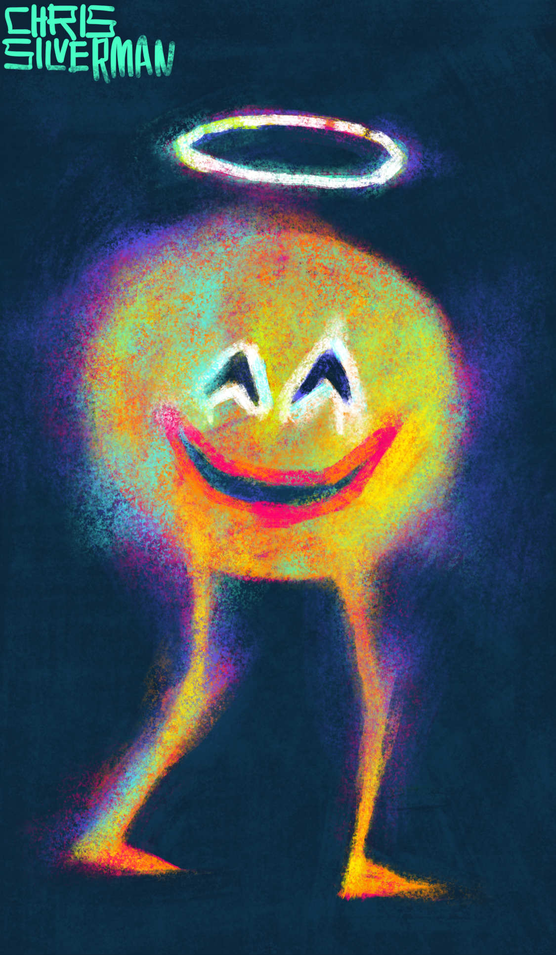 A garish figure on a dark bluish-black background: the smile-with-halo emoji, wearing clown makeup, supported by two spindly legs. This nightmare is mostly yellow, but with heavy tinges of rainbow colors: crimson, neon blue, radioactive green, ultraviolet purple. Its smile is framed by smeared hot-pink lipstick; its eyes are outlined in thick white paint. Even the halo above its head looks sacrilegious: lopsided, neon-tinged white. The painting is signed "Chris Silverman".