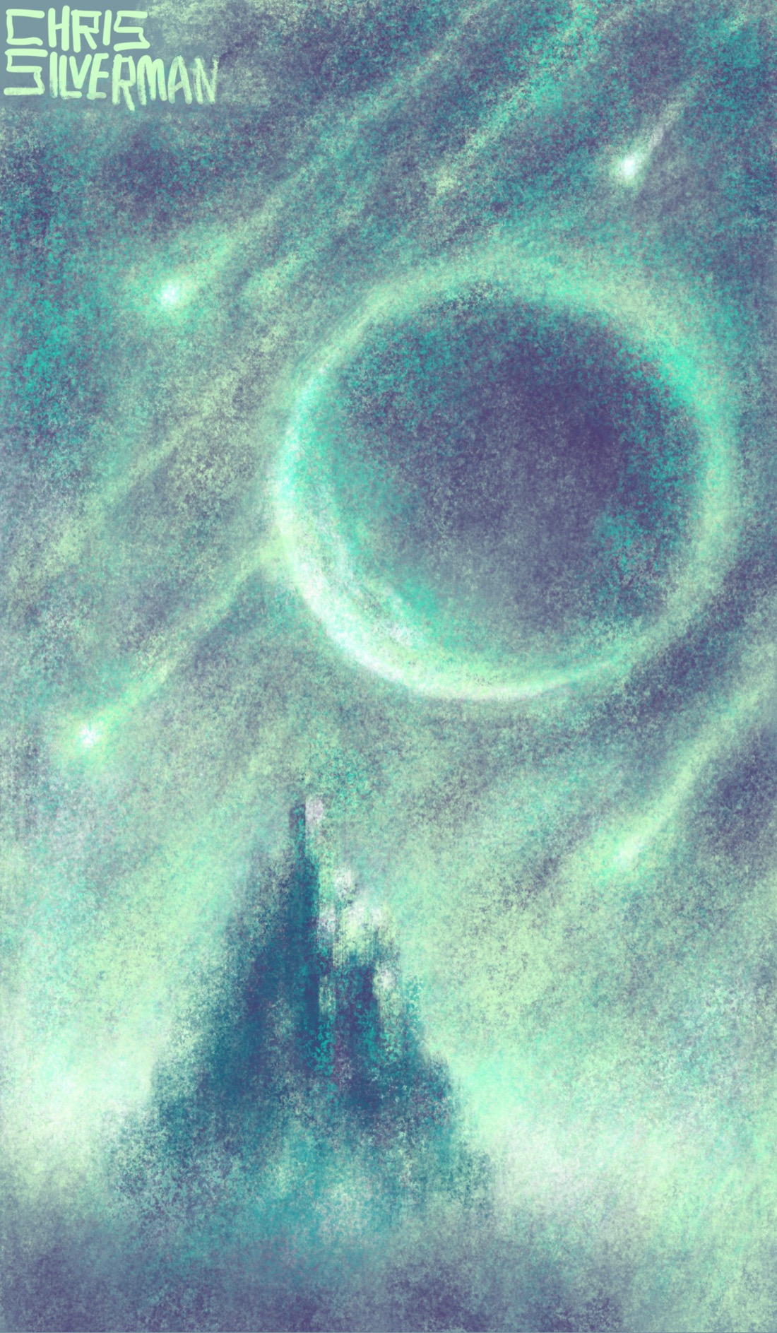 A night sky filled with a vast planet, illuminated on the left side, and flying meteors. The sky is a soft purple-gray color; the moon and meteors are a glowing greenish-white. Below the moon is a blurry conical structure that could either be a mountain or a castle. It is illuminated by the moon. The painting is signed "Chris Silverman".
