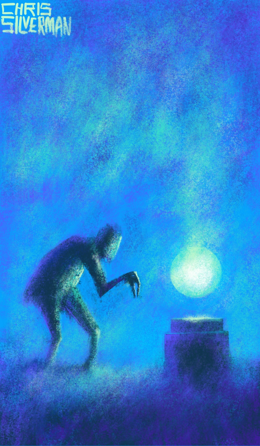 Night. A hunched, grotesque figure approaches a glowing greenish sphere hovering above a small pedestal. The figure extends a clawlike hand towards the sphere, from which greenish smoke is rising. The sky is a dark blue; the ground is a mix of black and soft purple. The painting is signed "Chris Silverman".