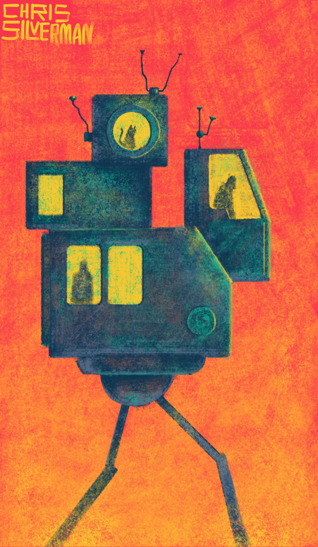 An odd metal machine on two spindly legs. The machine is a collection of boxy metal compartments that looks a little like a construction vehicle with a few more boxes pilled on. It is a dark, tarnished, coppery green. Each compartment has a few yellow windows in it; one shows the driver, one has a passenger, and one shows a cat. A few have thin, uneven antennas sticking out of them. The sky is a deep red-orange. The painting is signed "Chris Silverman".