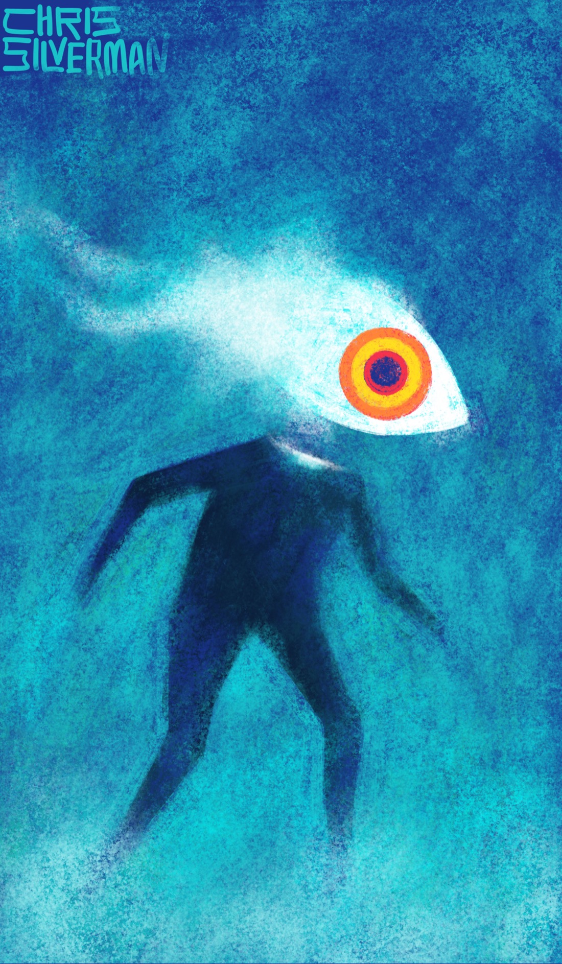 A dark figure wanders through a foggy blue night. Where the figure's head would be floats a glowing white eye with a multicolored iris, ringed in orange, yellow, and red. The eye is partly dissolving into bluish white fog, leaving a trail behind it. It looks almost like a fish. The painting is signed "Chris Silverman".