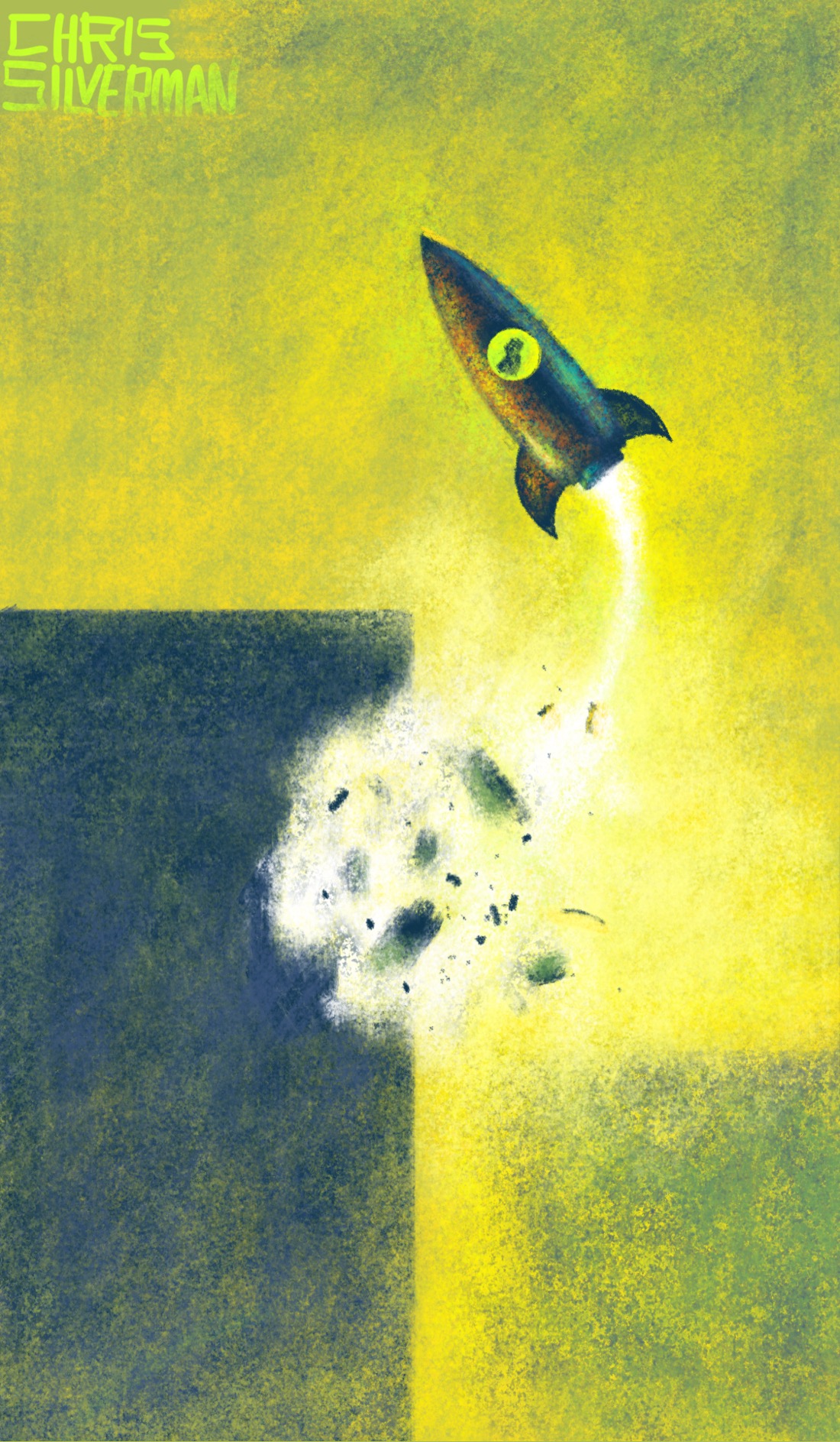 The large outlines of two windowless tenement buildings loom out of a foggy yellow sky. A rocket ship is bursting out of the wall on the left-side building, the wall flying apart in an explosion of white light and debris. The rocket continues into the sky, leaving a white trail behind it. A small glowing green portal on the side of the rocket chose a person sitting inside. The painting is signed "Chris Silverman".